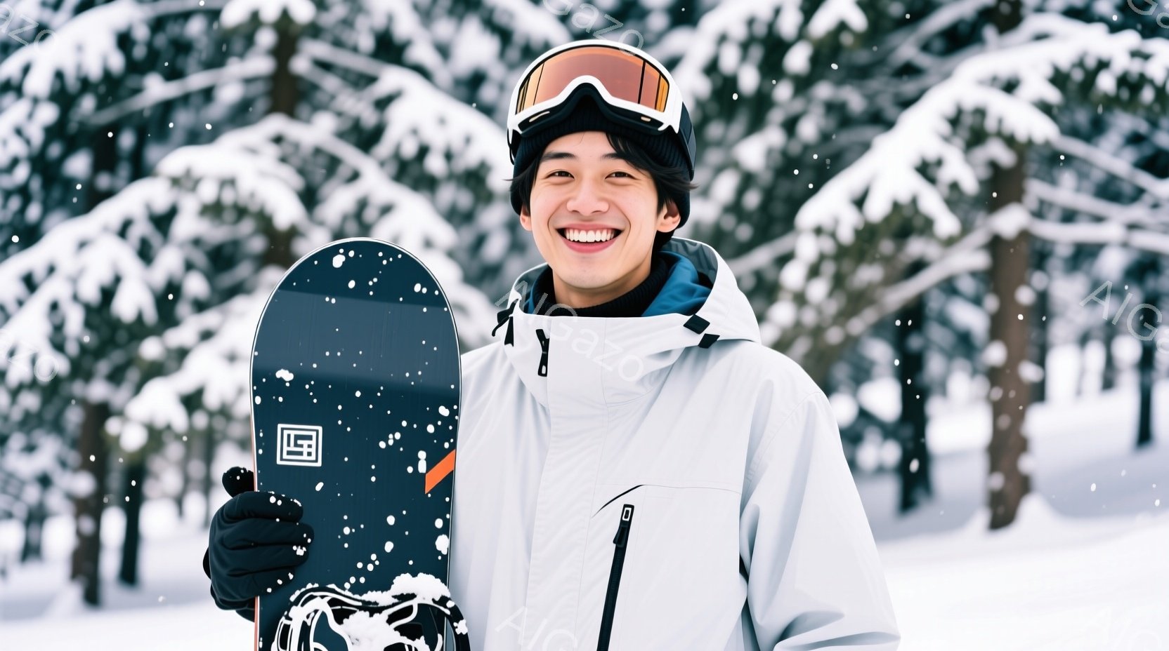 スノーボードを持った若い男性が写っています。彼は白いスキーウェアに黒い手袋、オレンジ色のゴーグルを着用し、笑顔を見せています。背景は雪に覆われた木々で、雪が舞っており、冬のスキー場の雰囲気が漂っていま - AI生成フリー素材