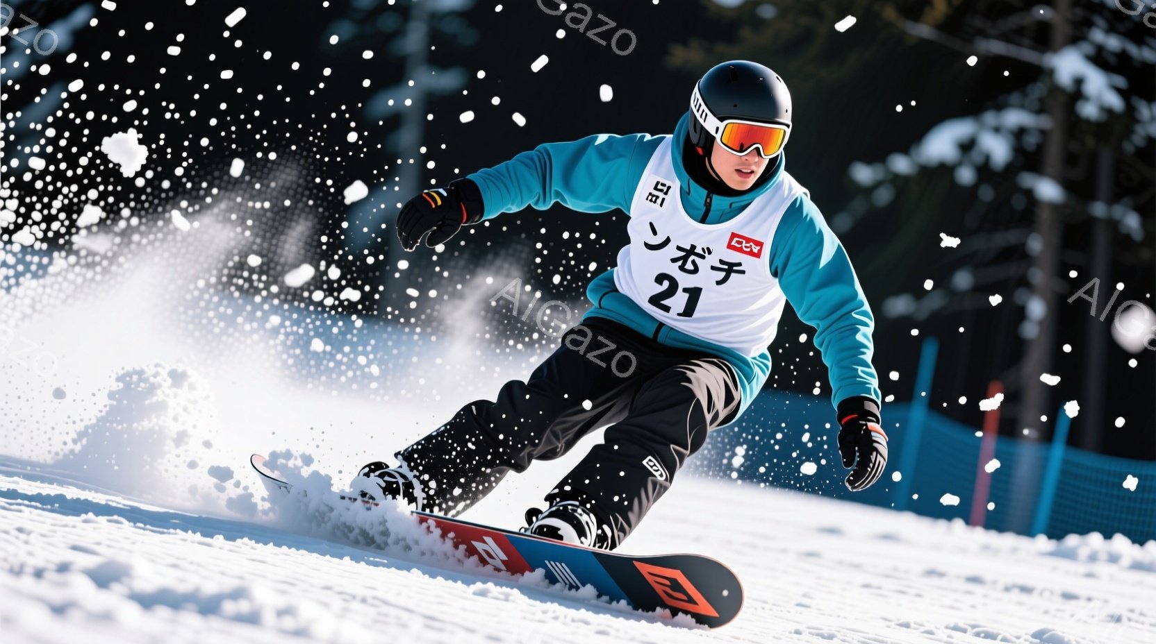 スノーボーダーが雪山を滑走している様子が捉えられた写真です。彼は黒いヘルメットとゴーグルを着用し、ターコイズブルーのジャケットと黒いズボンを身に着けています。背景には雪で覆われた山々と、競技用のポールがわずかに見え、スピード感と冬の寒さが伝わってきます。