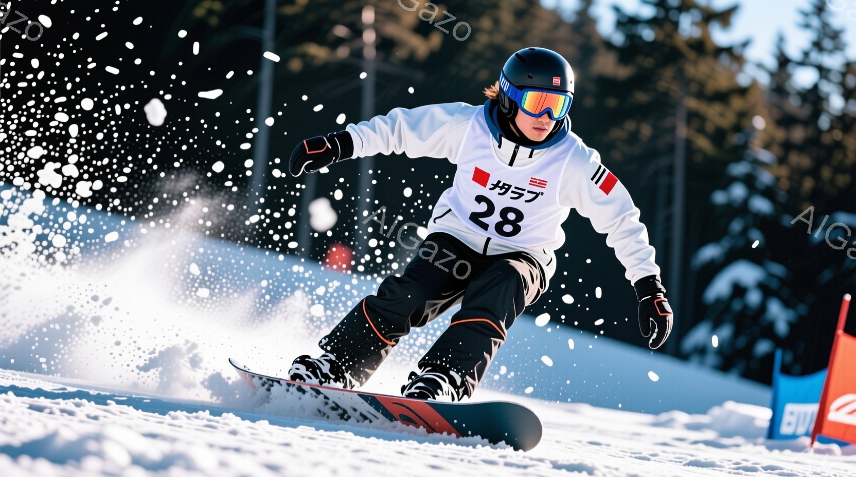スノーボード選手が雪山を滑っている様子が捉えられています。白地にオレンジのラインが入ったウェアを着用し、黒いヘルメットとゴーグルを装備しています。背景には雪に覆われた山々とスキー場の設備が見え、雪が舞 - AI生成フリー素材