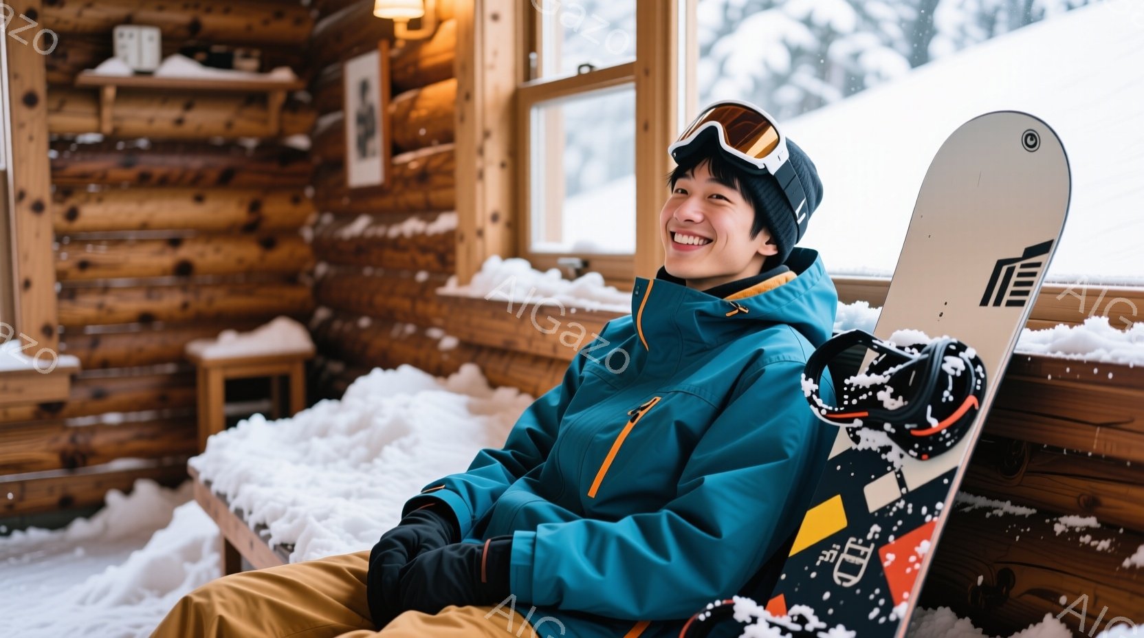 青いジャケットを着た女性が、スノーボードの横に座って微笑んでいます。彼女は黒い帽子とゴーグルを身につけ、髪は短くカットされています。背景は木の壁で、窓からは雪景色が見え、冬の暖かい室内でリラックスして - AI生成フリー素材