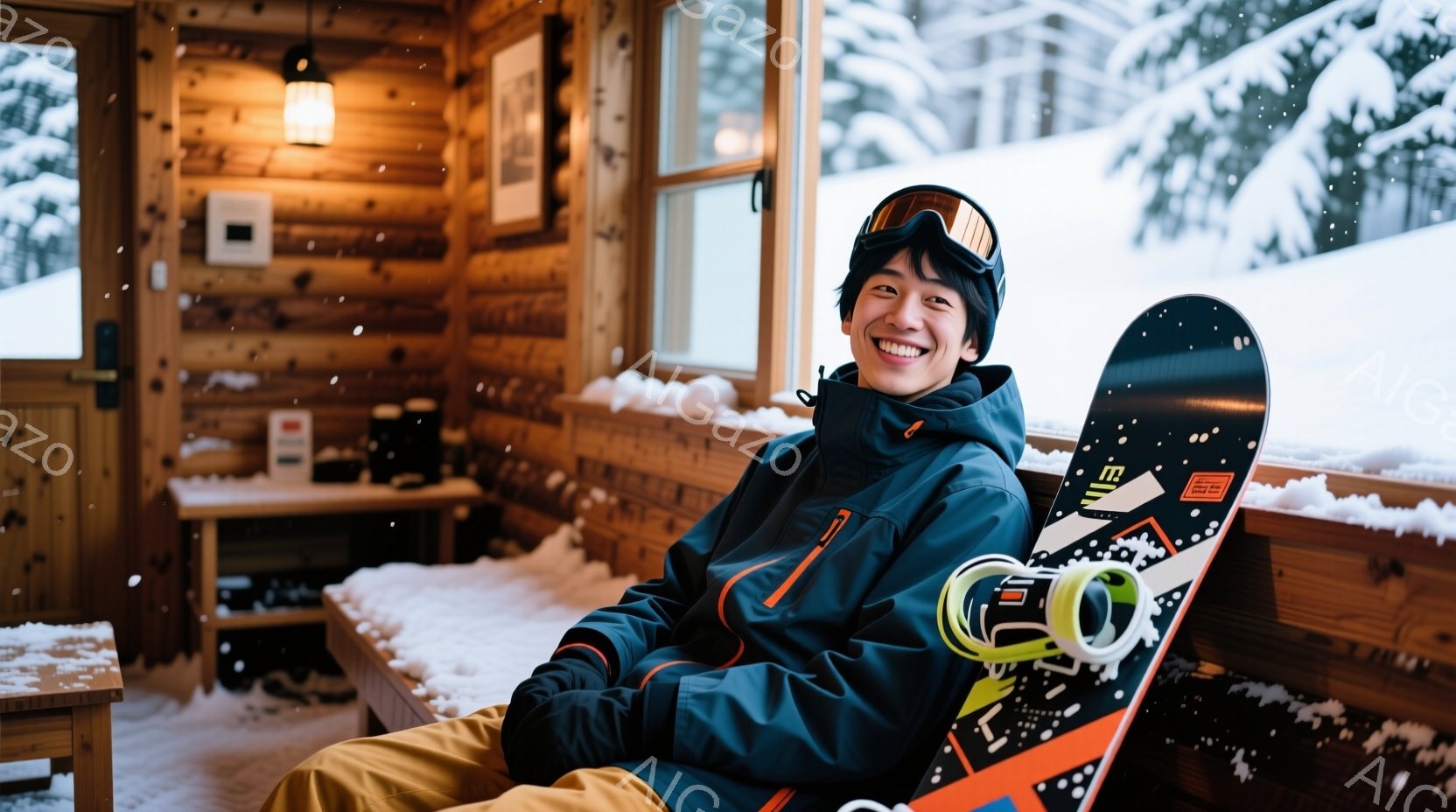 若い男性が、雪景色が見える小屋の中でスノーボードにもたれて座っています。彼は黒とオレンジのスキーウェア、明るい黄色のズボン、そして頭にはスキーゴーグルを着用し、満面の笑みを浮かべています。背景には、雪 - AI生成フリー素材