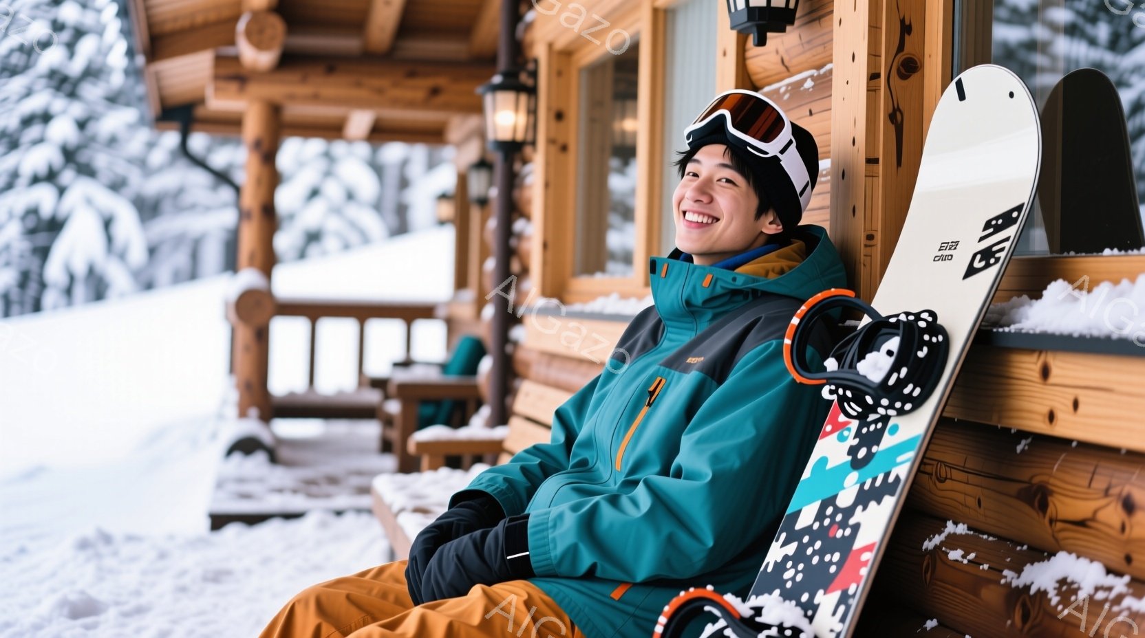若い男性が雪景色の中で、スキー場のベンチに座って微笑んでいます。ターコイズブルーのスキーウェアにキャメル色のズボンを合わせ、ヘルメットとゴーグルを着用しており、髪は短く整えられています。背景には木製の - AI生成フリー素材