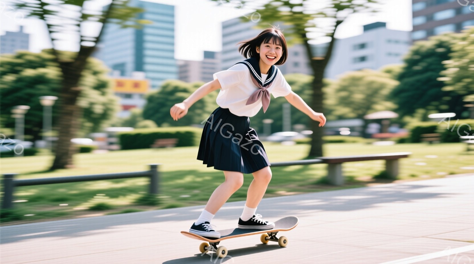制服姿の女子学生が、スケートボードに乗って楽しそうに滑っている。彼女は白いシャツに黒のプリーツスカート、そして白いソックスとスニーカーを履いており、髪は肩までの長さで軽くウェーブがかかっている。背景には緑豊かな木々と近代的な建物が見え、晴れた日の明るい屋外で、活気に満ちた若々しい雰囲気が漂っている。