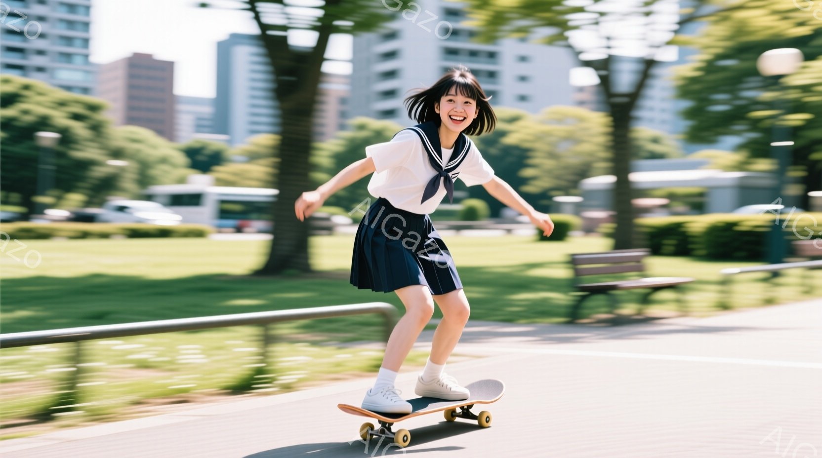 制服姿の少女がスケートボードに乗って疾走している様子が写っている。彼女は白いブラウスと紺色のプリーツスカートを着用し、ソックスとスニーカーを合わせている。背景には緑豊かな木々と建物が見え、晴れた日の爽 - AI生成フリー素材