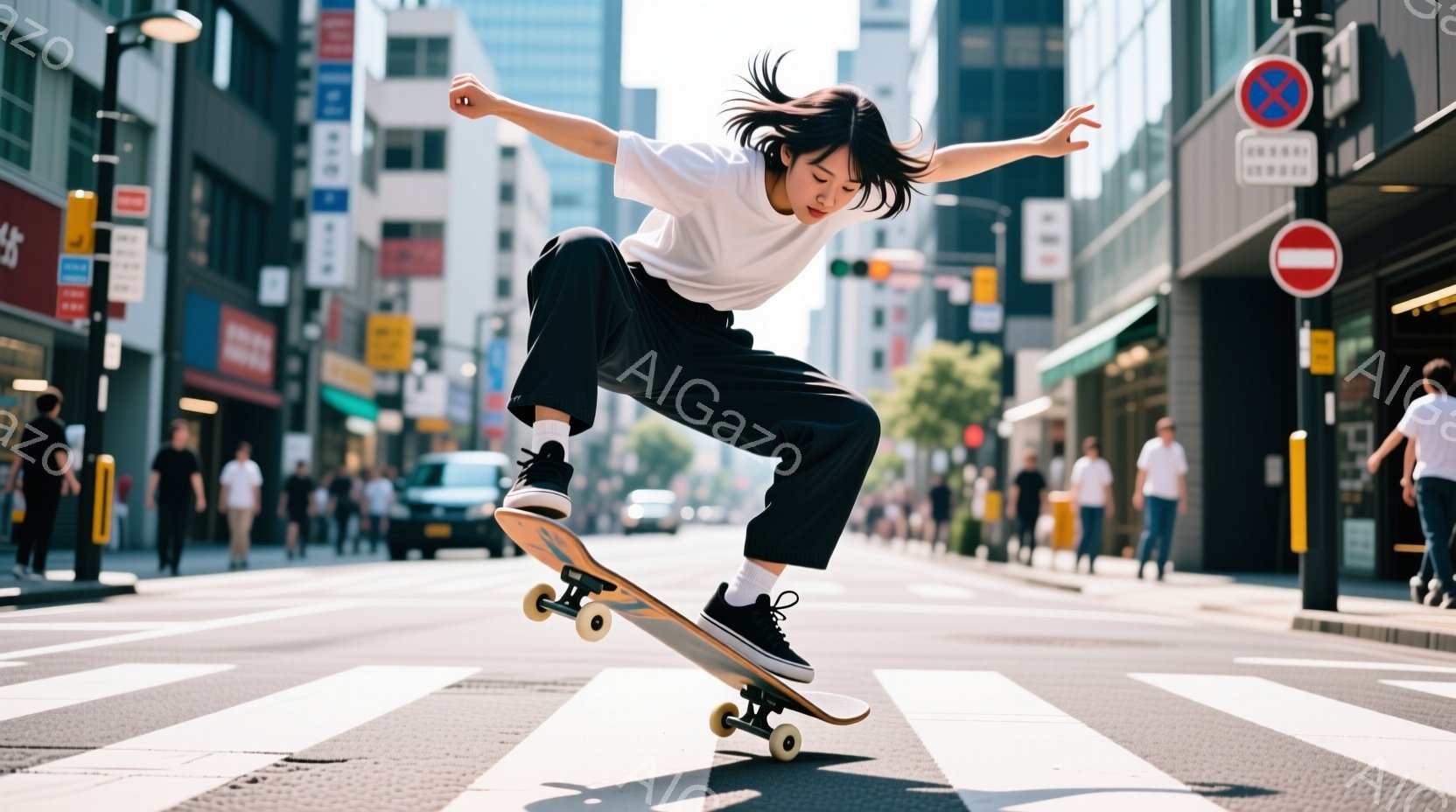 若い女性が街中の横断歩道でスケートボードに乗っている様子が写っている。白いTシャツと黒いズボンを着用し、髪を後ろで一つに結んでいる。背景には建物や歩行者が見え、晴天の下、活気のある都市の雰囲気が感じら - AI生成フリー素材