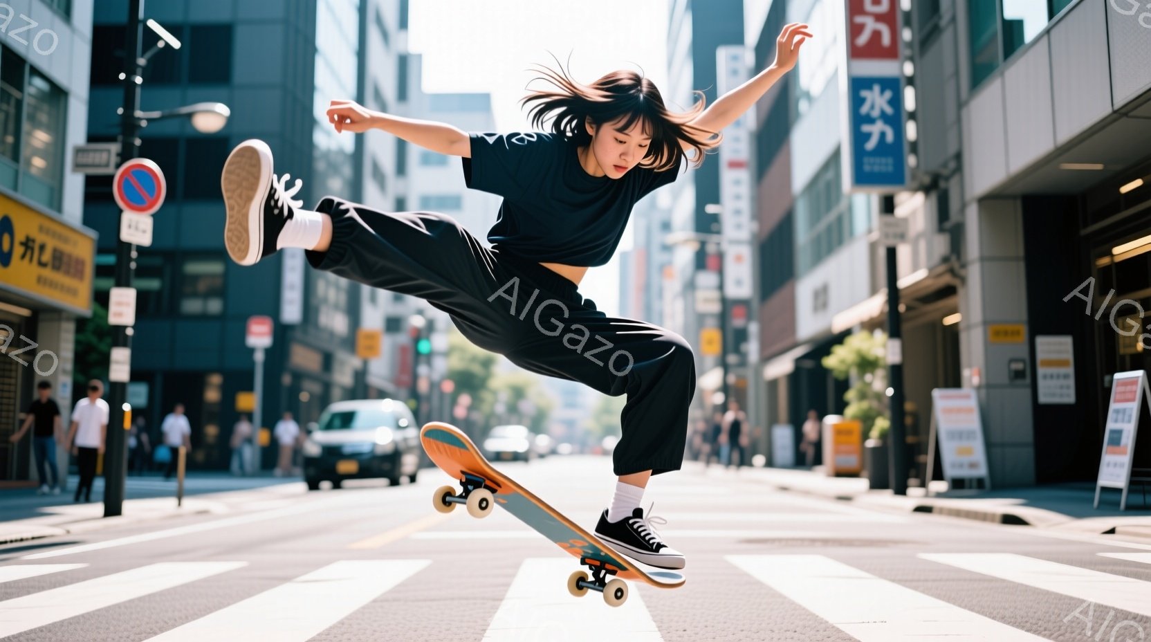 街中の横断歩道で、黒いTシャツとゆったりとしたズボンを身に着けた女性がスケートボードに乗ってジャンプしている様子が写っている。彼女は髪を後ろで一つにまとめ、空中に足を伸ばしてダイナミックなポーズをとっている。背景には高層ビルや車が見え、晴れた日差しが街並みを明るく照らしている。