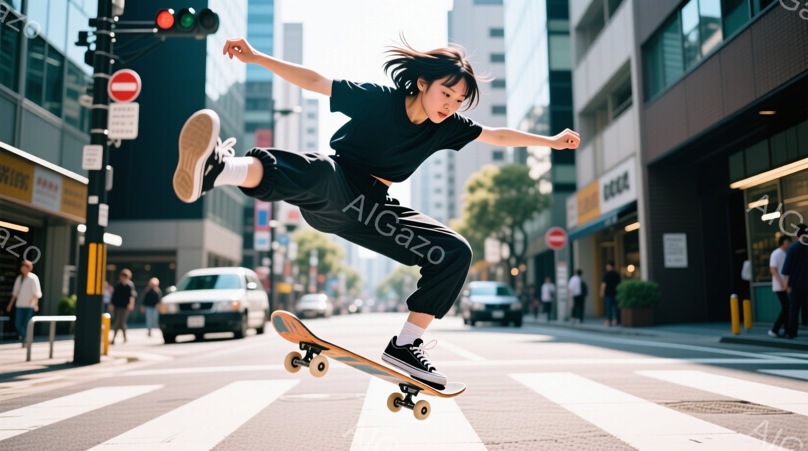 若い女性が歩道橋の上でスケートボードのトリックを決めている瞬間を捉えた写真です。彼女は黒いトップスとゆったりとしたパンツを着用し、髪を後ろでポニーテールにしています。背景には、晴れた空の下、都会の建物や車両がぼやけて写っており、躍動感と都会の雰囲気が伝わってきます。