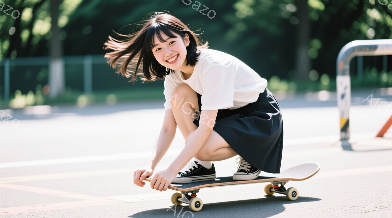 若い女性がスケートボードに乗って膝をつき、前かがみになっています。白いTシャツと黒いスカート、スニーカーを履き、笑顔でカメラを見ています。背景にはアスファルトの地面と緑豊かな木々が見え、晴れた日の屋外 - AI生成フリー素材