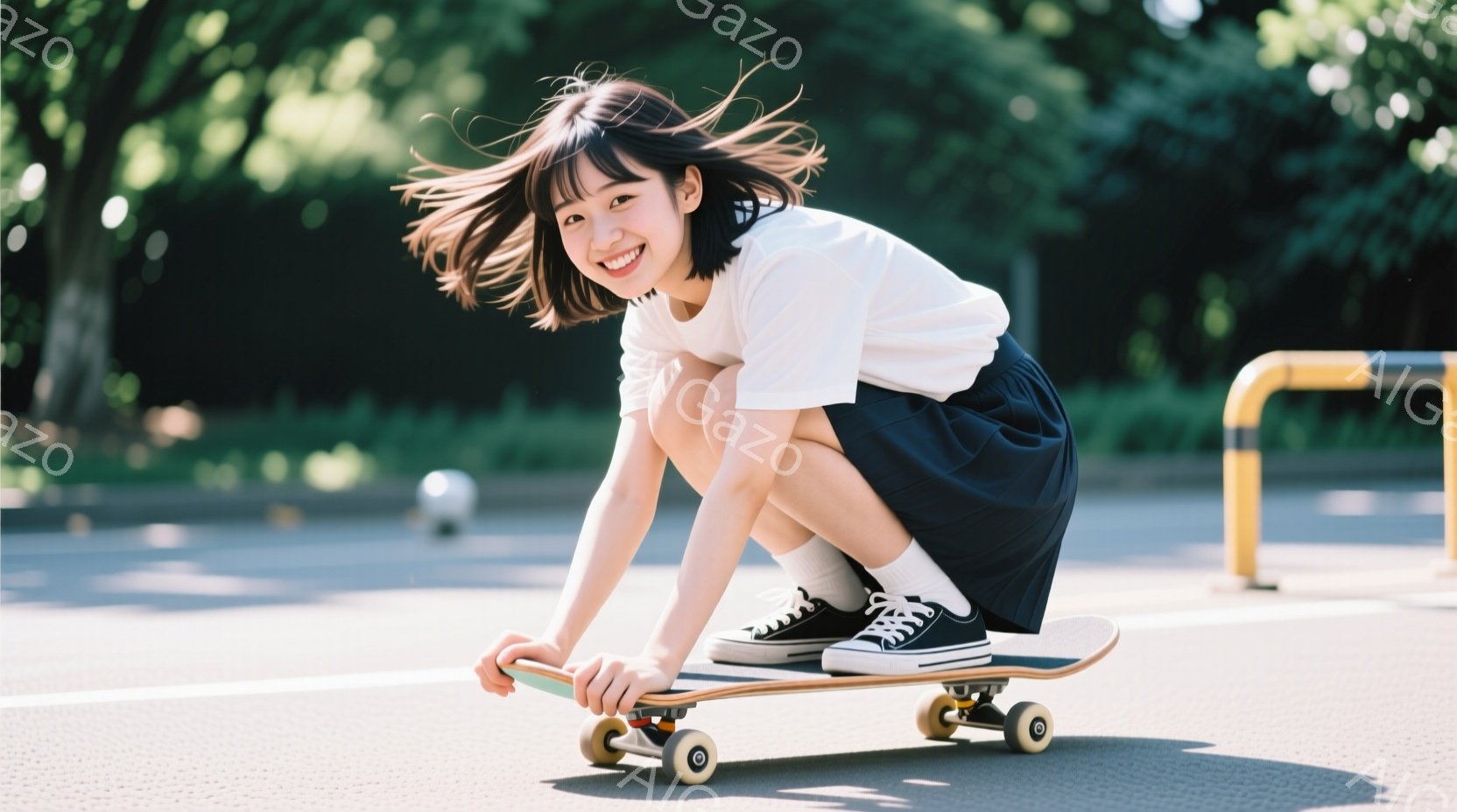 短い黒髪の少女がスケートボードに乗ってポーズをとっています。白いTシャツと紺色のスカート、白いソックスと黒いスニーカーを着用し、満面の笑みを浮かべています。背景にはアスファルトの道と緑豊かな木々が見え - AI生成フリー素材