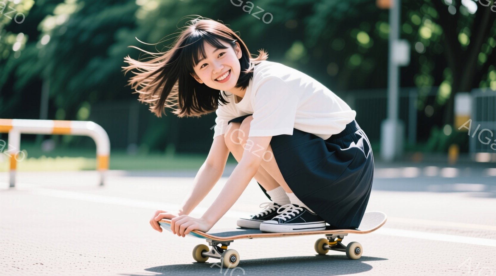 若い女性がスケートボードに乗ってポーズをとっています。白いTシャツと黒いスカート、スニーカーを履いており、髪は肩まで伸びて少しカールしています。背景には緑の木々とアスファルトの道が見え、晴れた日の屋外 - AI生成フリー素材