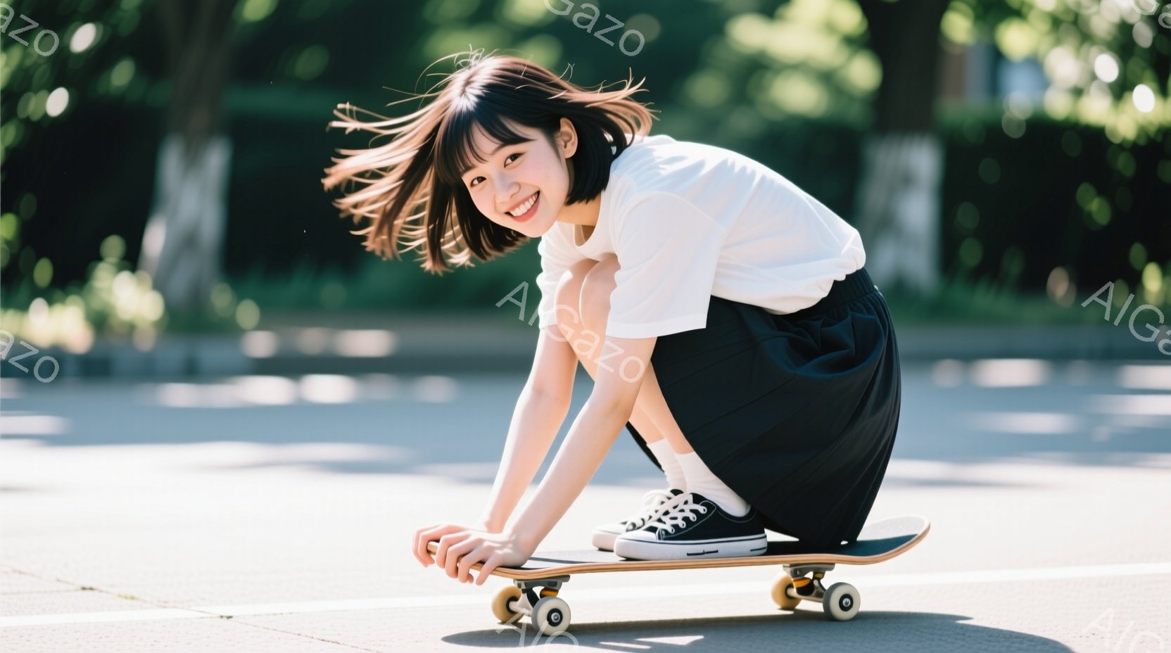 若い女性がスケートボードに乗ってポーズをとっています。彼女は白いTシャツと黒いプリーツスカート、黒いスニーカーを着用し、髪を後ろでポニーテールにしています。背景にはアスファルトの道と緑豊かな木々があり - AI生成フリー素材