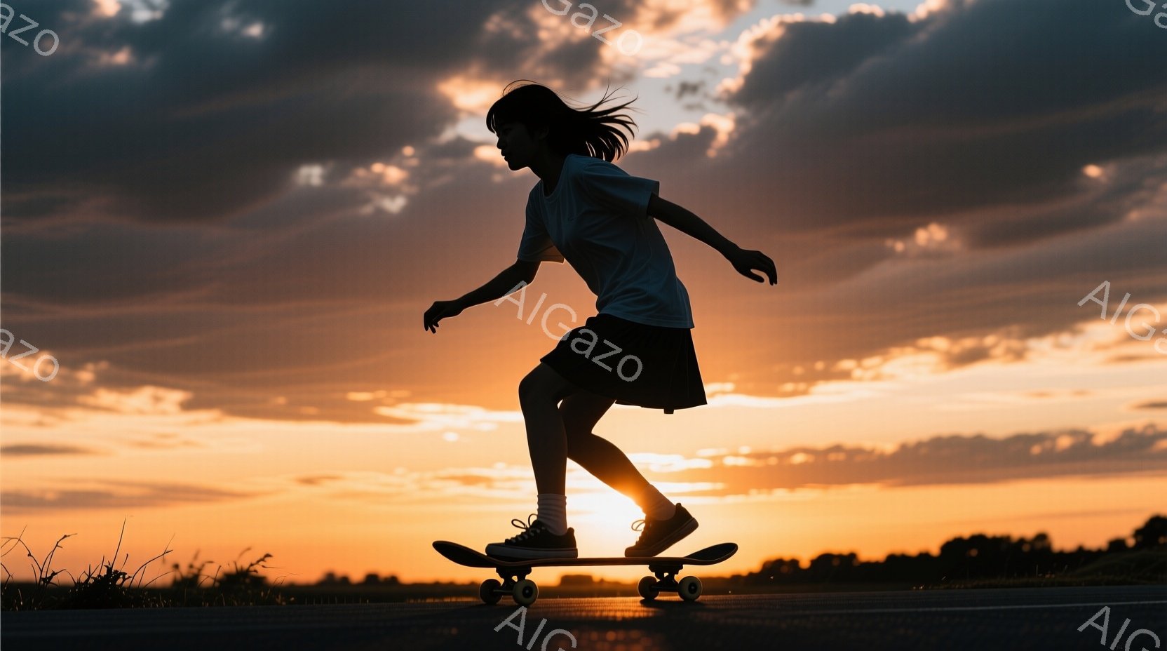 シルエットになった少女がスケートボードに乗って疾走している。彼女は白いTシャツとスカート、スニーカーを履いており、髪は後ろで束ねられている。背景は夕焼けに染まった空と、ぼやけた緑の草原で、疾走感と自由な雰囲気が漂っている。