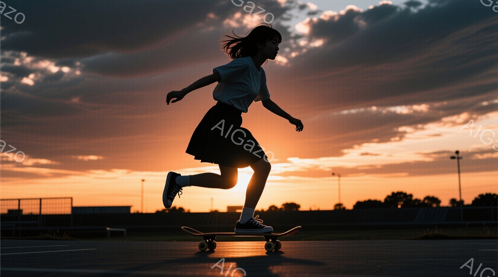 シルエットで描かれた少女がスケートボードに乗って疾走している。彼女は白いトップスと黒いスカートを身につけ、髪は風になびいている。背景には、夕焼けに染まる空と、ぼんやりとした建物の輪郭が見え、活気と自由 - AI生成フリー素材