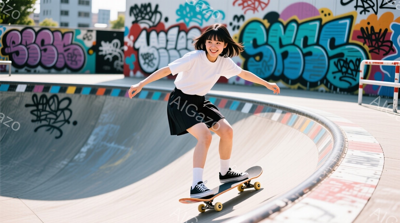 白いTシャツに黒いスカート、白いソックスとスニーカーを着用した若い女性が、スケートボードのハーフパイプで滑っている。彼女は笑顔で、少し膝を曲げ、バランスを取りながらポーズをとっている。背景にはカラフルなグラフィティの壁と建物が見え、晴天で明るい雰囲気の屋外スケートパークである。