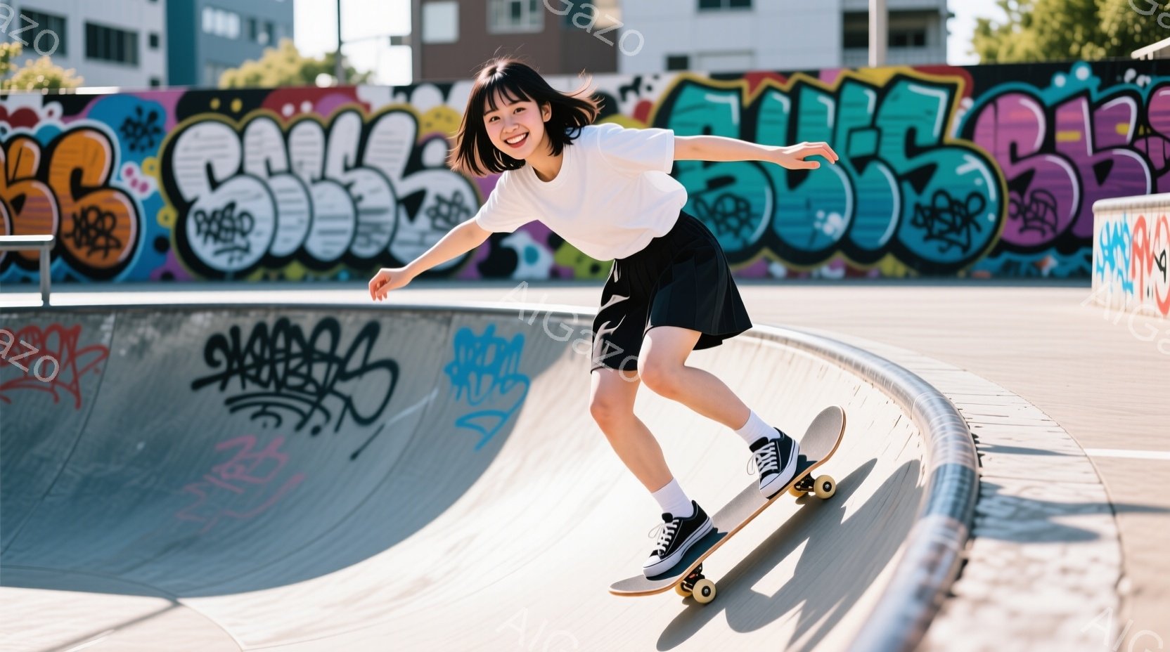 若い女性がスケートボードでハーフパイプを滑っている様子が写っています。白いTシャツと黒いショートパンツ、白いソックスとスニーカーを着用し、髪は短くカットされています。背景にはカラフルなグラフィティの壁と、晴れた空が広がっており、活気のある雰囲気です。