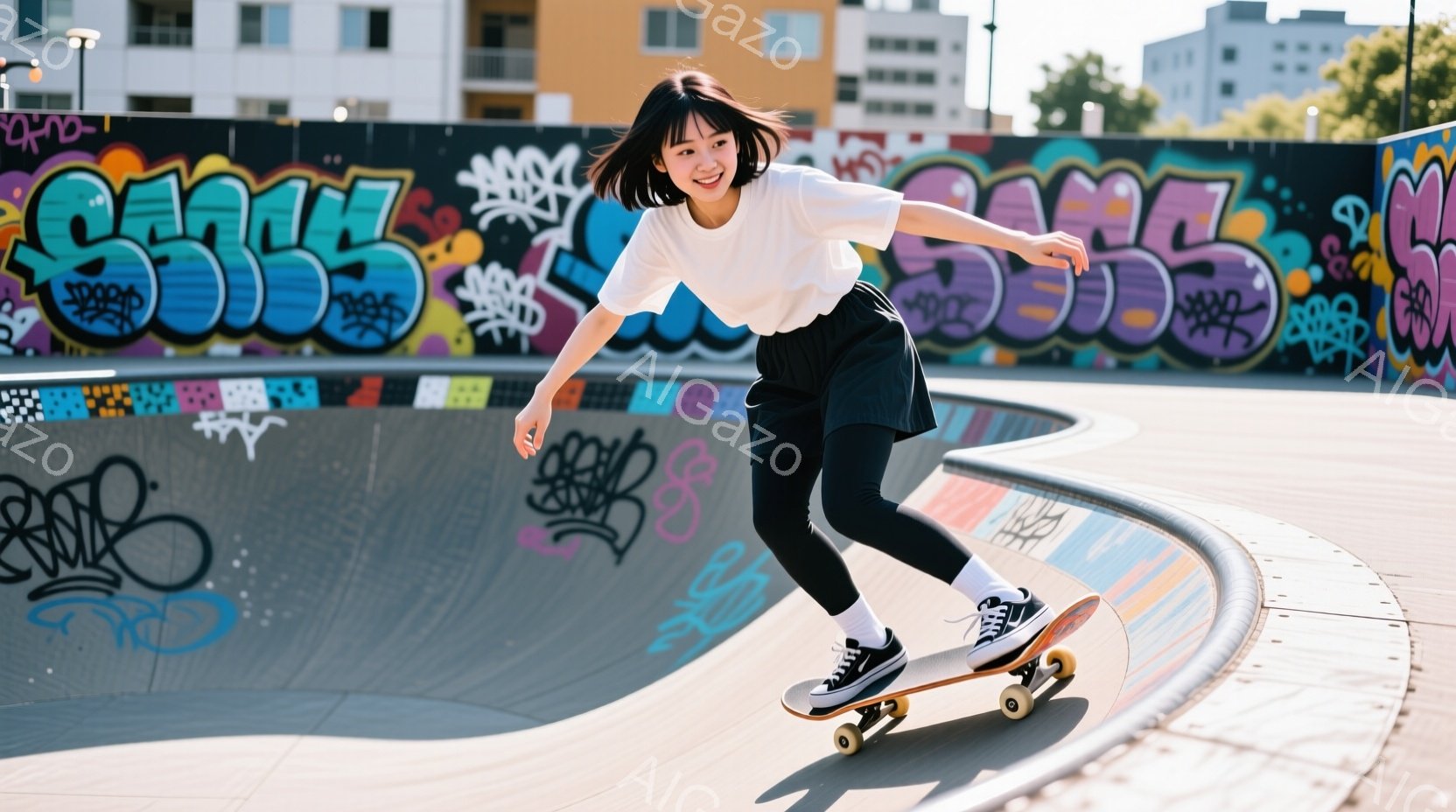 白いTシャツと黒いスカート、スニーカーを身につけた女性がスケートボードに乗ってハーフパイプを滑っている。彼女は少し笑顔で、リラックスした姿勢でボードに乗り、軽く腕を広げている。背景にはカラフルなグラフィティが描かれた壁と、晴れた空の下の建物が見え、活気のある雰囲気である。