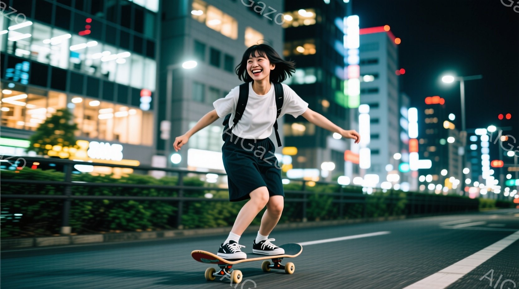 若い女性が夜の街中でスケートボードに乗っている写真です。彼女は白いTシャツに黒いショートパンツ、スニーカーを履いており、髪は肩までの長さで少しカールしています。背景には高層ビル群がぼやけて写り、街灯の - AI生成フリー素材