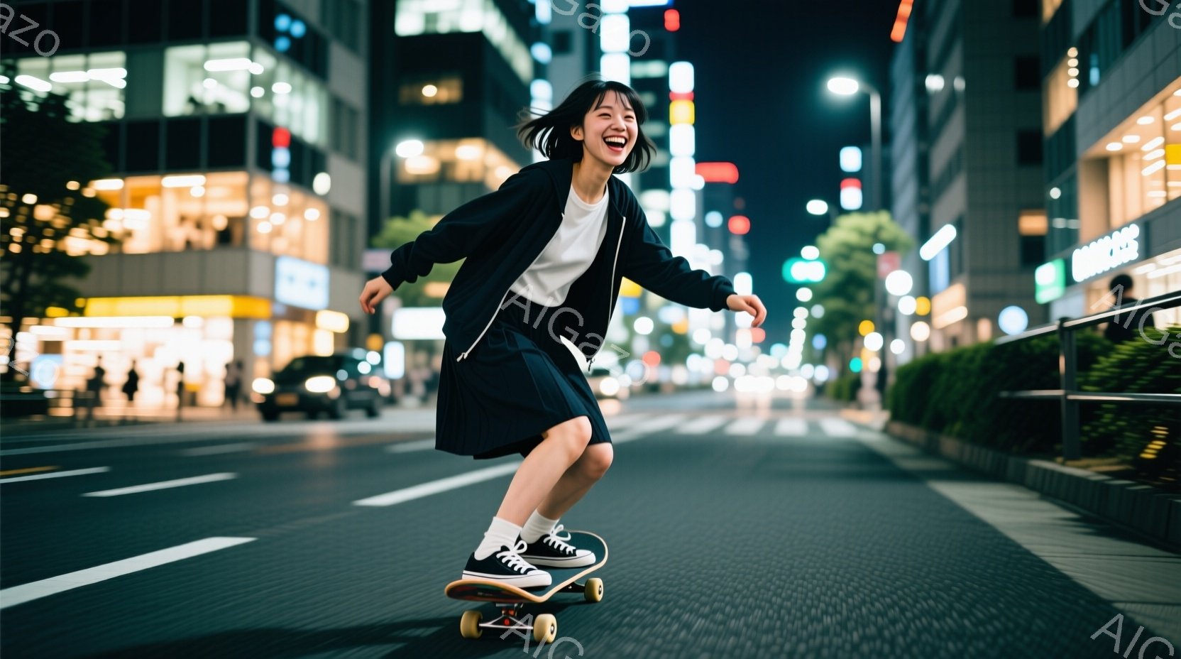 若い女性が夜の街路でスケートボードに乗っている様子が写っている。彼女は白いTシャツに黒いカーディガン、膝丈のプリーツスカート、スニーカーを着用し、髪は肩までの長さで少し無造作にまとめられている。背景に - AI生成フリー素材