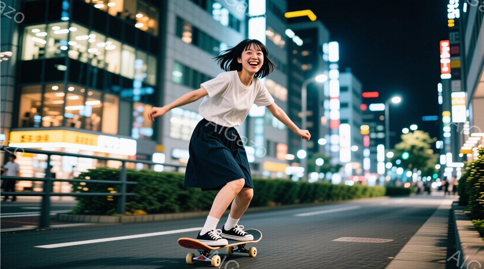 若い女性が夜の街でスケートボードに乗っている様子が写っている。彼女は白いTシャツ、黒のスカート、白い靴下、スニーカーを着用し、髪は肩までの長さで軽くカールしている。彼女は満面の笑みを浮かべ、片手を前に - AI生成フリー素材