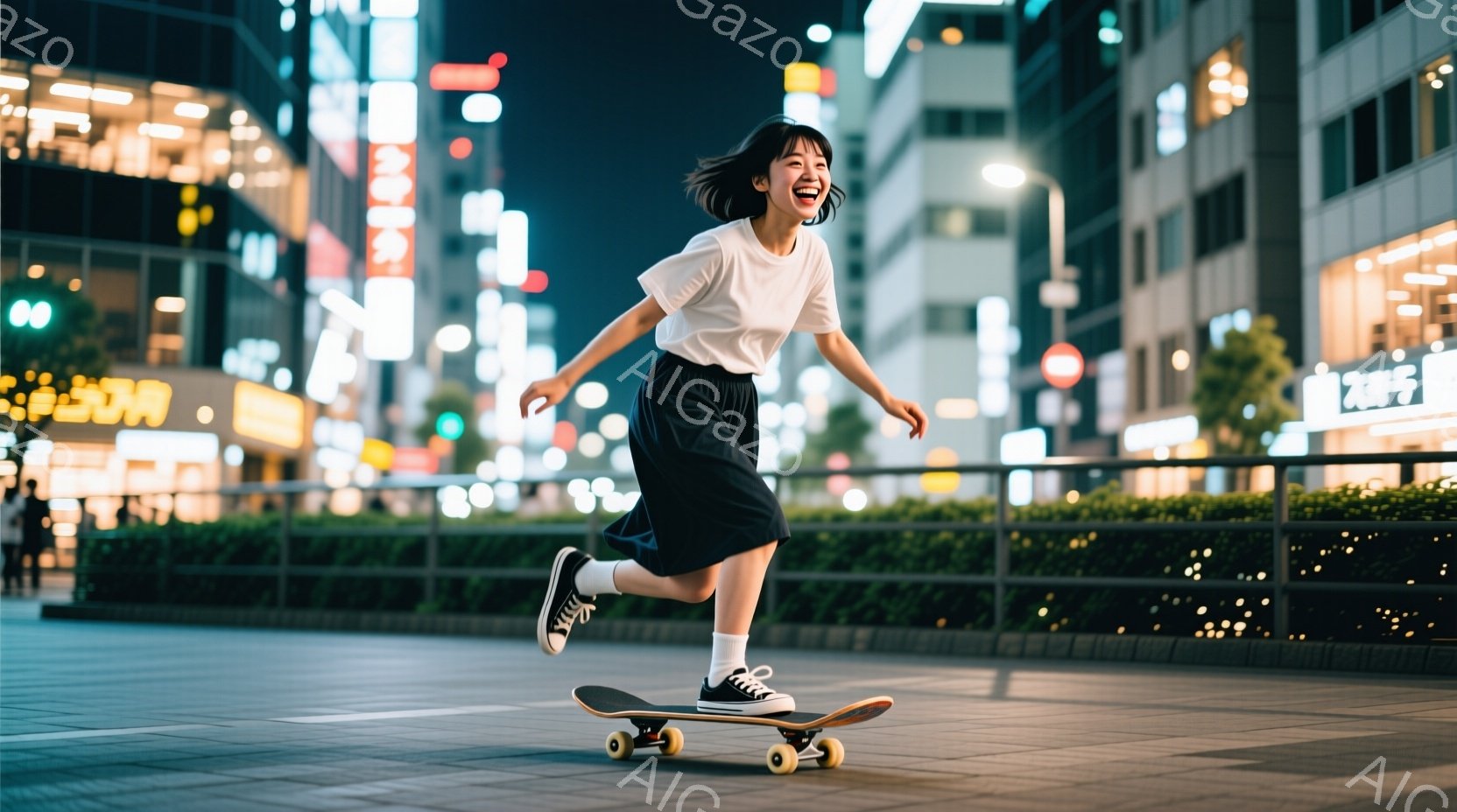 白いTシャツに黒いスカート、スニーカーを履いた若い女性が、夜の街でスケートボードに乗っている様子が写っている。彼女は笑顔で、片足を上げて、活気に満ちたポーズを取っている。背景には、ネオンライトが輝く高 - AI生成フリー素材