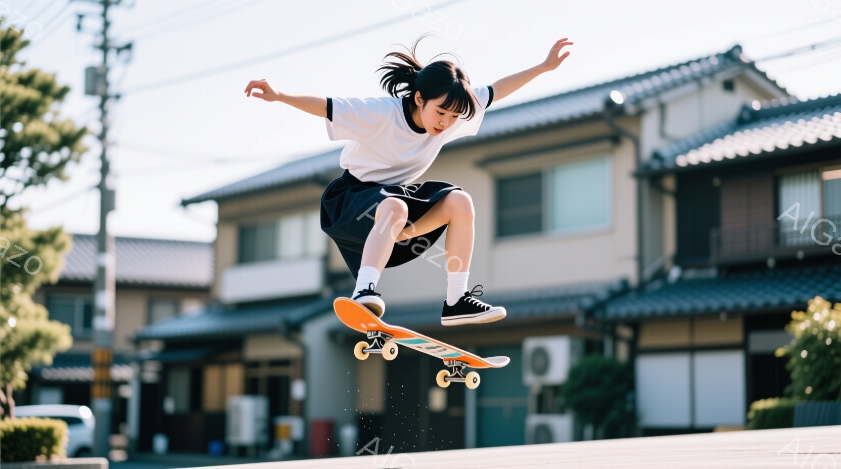 短い黒髪をポニーテールにした少女が、スケートボードでジャンプしている様子が写っている。白いTシャツと黒いスカート、白いソックスとスニーカーというカジュアルな服装で、空中で両手を広げ、リラックスした表情 - AI生成フリー素材