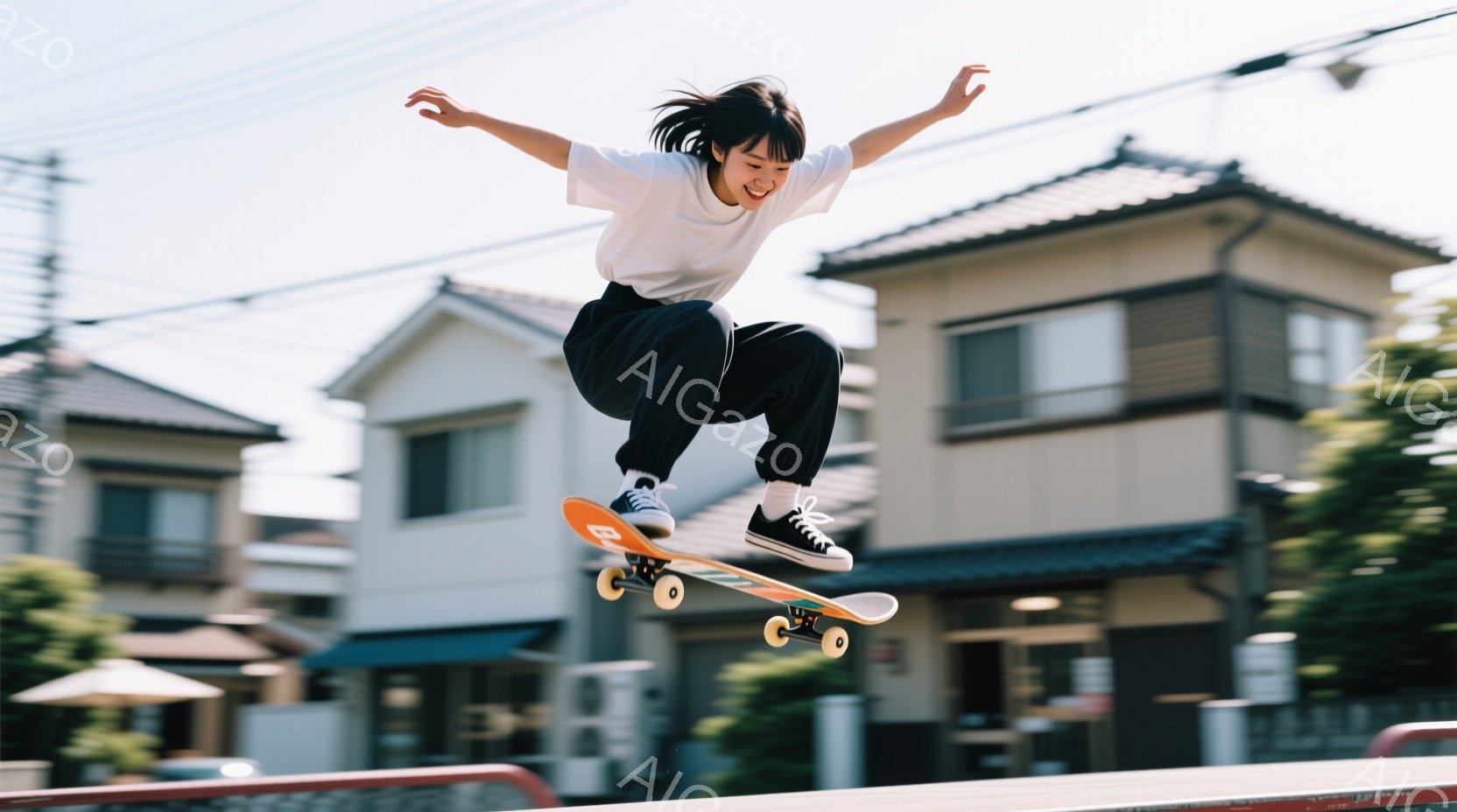 若い女性がスケートボードでジャンプしている写真です。白いTシャツと黒いパンツ、スニーカーを着用し、髪をポニーテールにしています。背景には住宅と緑があり、晴天の下で活気のある雰囲気が漂っています。 - AI生成フリー素材