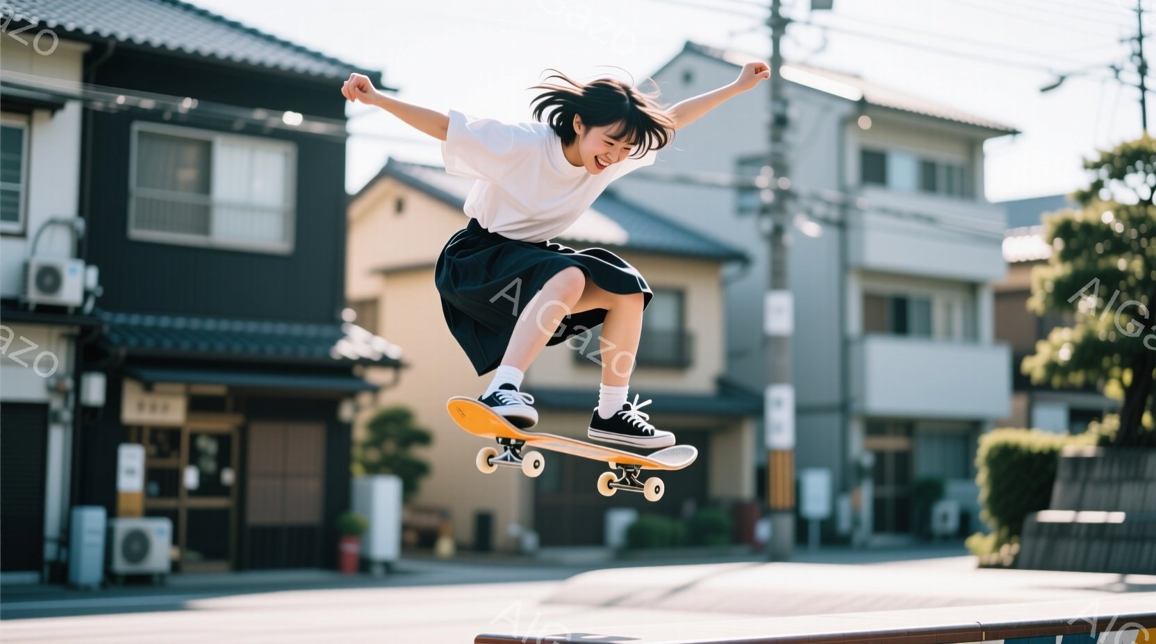 若い女性がスケートボードで空中トリックを決めています。彼女は白いTシャツと黒いショートパンツを着用し、髪はポニーテールに結ばれています。背景には日本の住宅街が広がり、晴天の下、日常の風景と若者の活気が - AI生成フリー素材