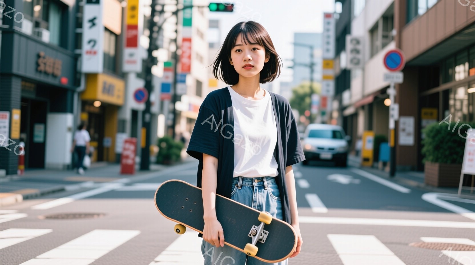 若い女性が交差点に立っており、スケートボードを手に持っています。彼女は白いTシャツに黒いカーディガン、そして水色のジーンズを着用しており、短めの黒髪で、少し物憂げな表情をしています。背景には建物や道路 - AI生成フリー素材