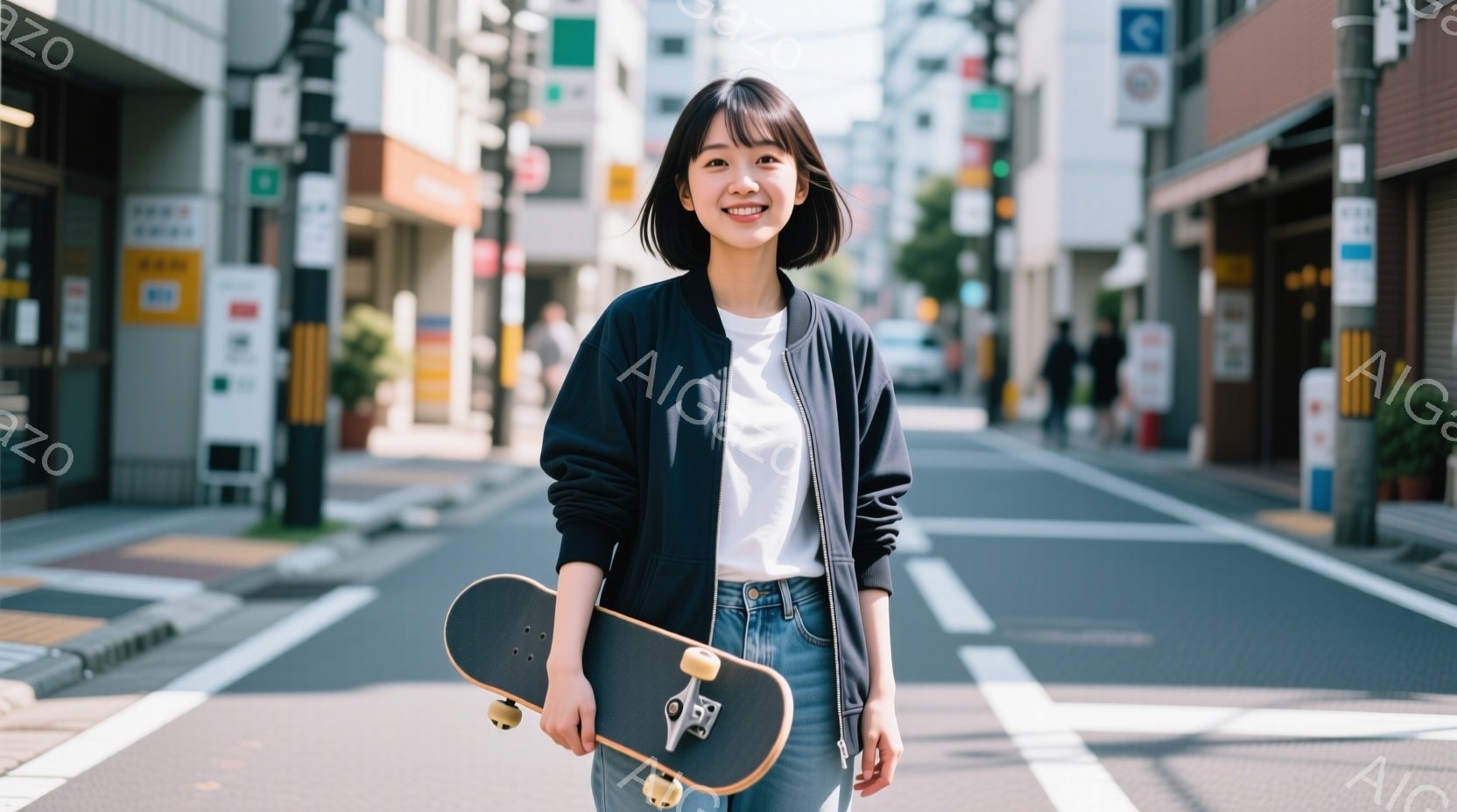若い女性がアスファルトの道の上でスケートボードを持って立っています。彼女は白いTシャツに黒いジャケット、そしてデニムのジーンズを着ており、ショートヘアで笑顔を浮かべています。背景には建物や歩道、そして - AI生成フリー素材