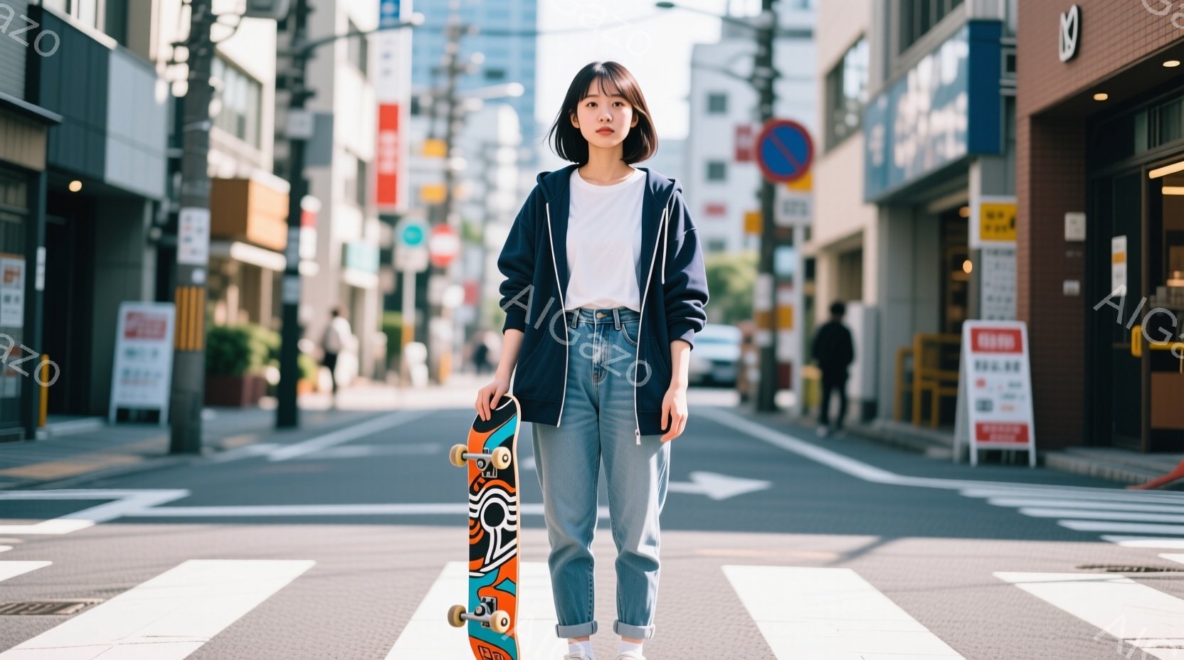 若い女性が、横断歩道の中央でスケートボードを持って立っている。彼女は白いTシャツに、ゆったりとしたジーンズ、そして濃い青色のパーカーを着ており、短く切りそろえられた髪は自然な黒色をしている。背景には、 - AI生成フリー素材