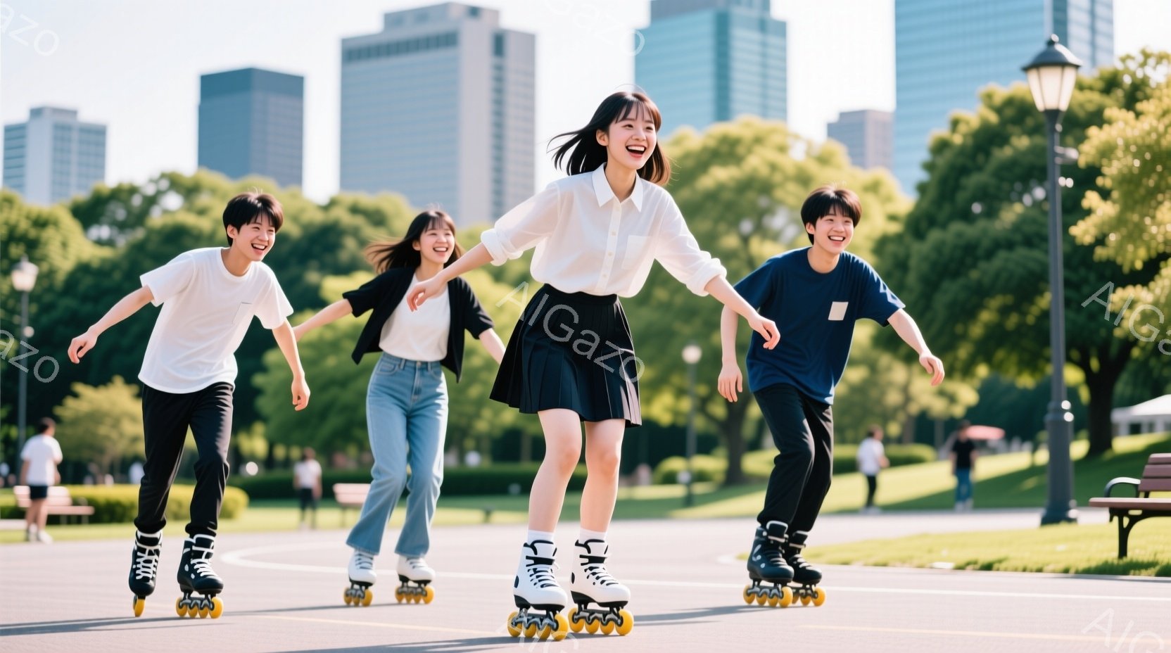 公園の遊歩道をローラーブレードで楽しむ若い男女３人が写っています。女性は白シャツに黒のプリーツスカート、男性はそれぞれ白と紺のTシャツに黒のパンツというカジュアルな服装です。背景には高層ビルと緑豊かな - AI生成フリー素材