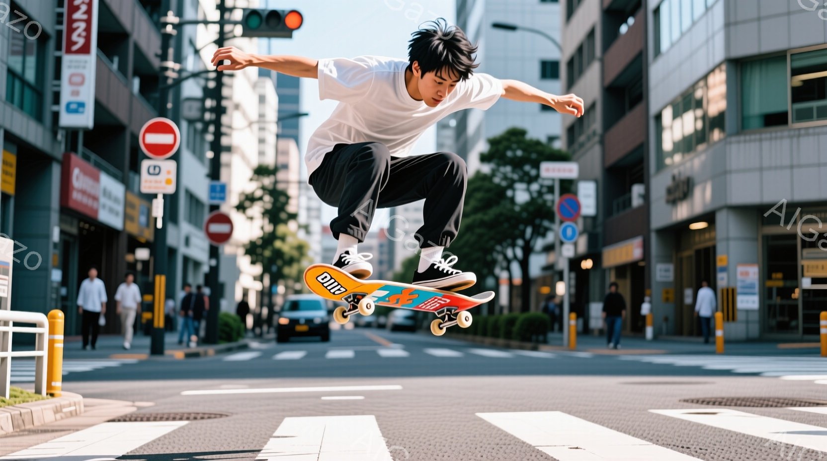 若い男性が街中でスケートボードのトリックを決めている様子が写っている。彼は白いTシャツと黒いパンツを着用し、髪は短く整えられている。背景には、横断歩道、建物、そして信号機が写っており、晴れた日の活気あ - AI生成フリー素材