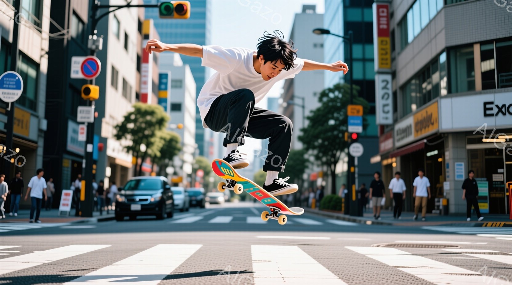 若い男性が道路の中央の横断歩道上でスケートボードの空中トリックを決めている。彼は白いTシャツと黒いショーツ、スニーカーを着用し、髪は短く黒い。背景には、商店や建物が並び、多くの歩行者がいる都会の風景が - AI生成フリー素材