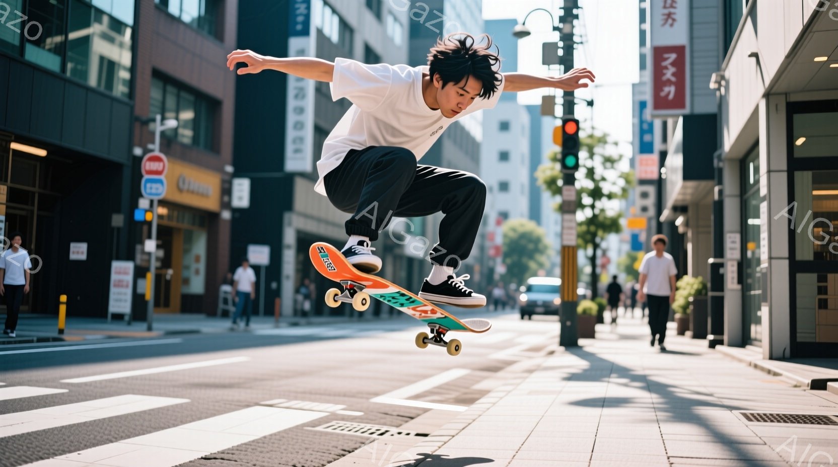 若い男性がスケートボードでジャンプしている写真です。彼は白いTシャツと黒いパンツを着用し、髪は少し無造作に整えられています。背景には、交通標識や建物が並ぶ都市の通りが広がり、日差しが強く、活気のある雰 - AI生成フリー素材