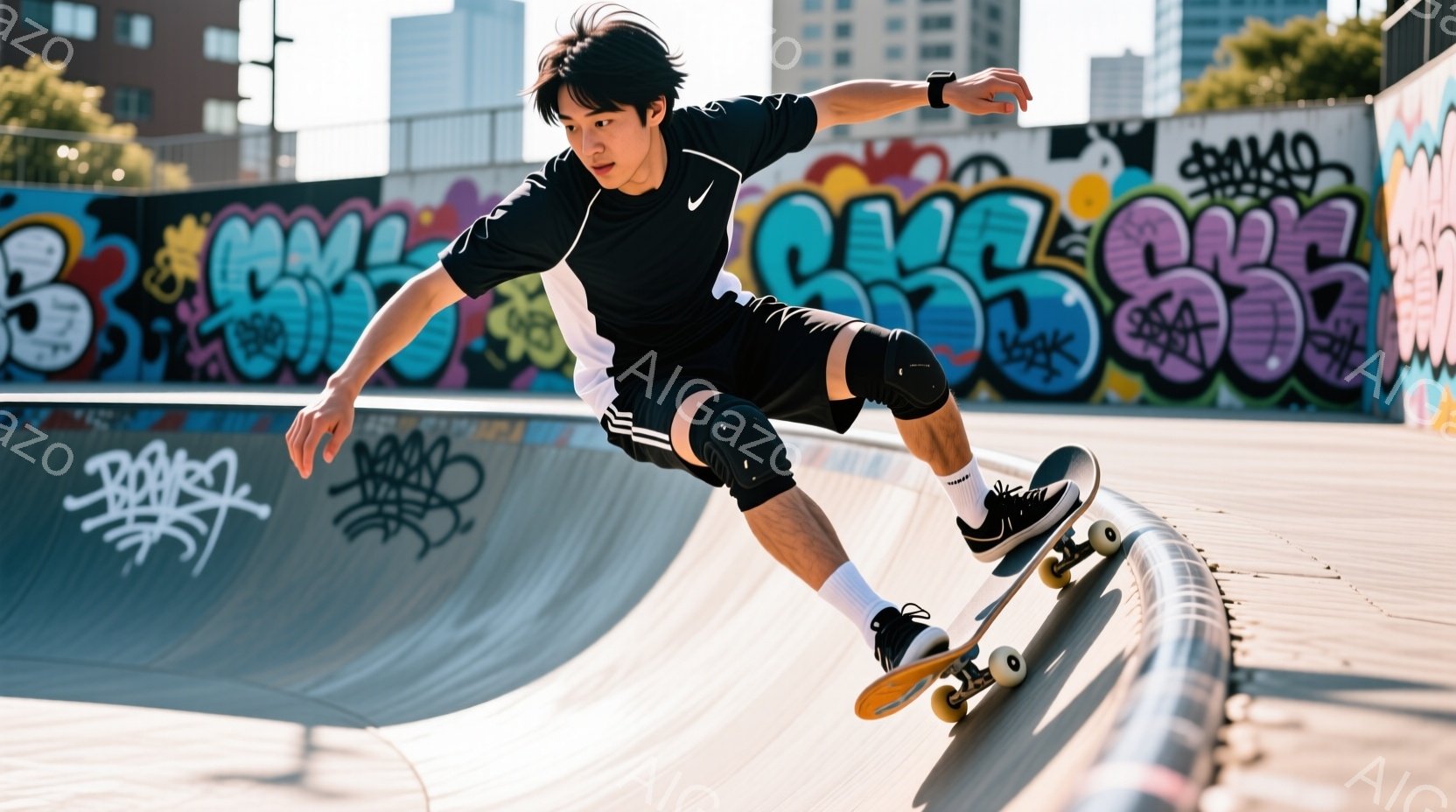 若い男性がスケートボードでハーフパイプを滑っている様子が写っている。彼は黒いTシャツとショーツ、白い靴下と黒いスニーカーを着用し、髪は短く整えられている。背景にはカラフルなグラフィティが描かれた壁と、晴天の下にそびえ立つ建物が見え、活気のあるストリートカルチャーの雰囲気が漂っている。