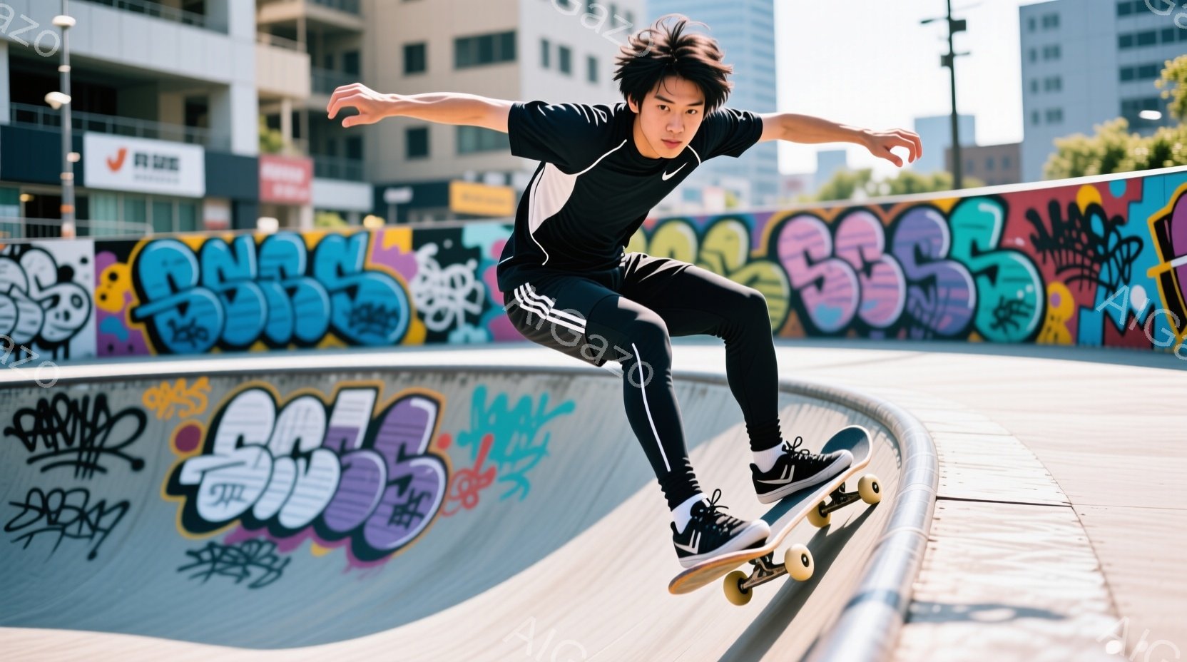 スケートボードをする若い男性が写っている。彼は黒い長袖シャツと黒いパンツを着用し、黒いヘアスタイルで、集中した表情をしている。背景にはカラフルなグラフィティの壁があり、晴れた日差しが差し込み、活気のあ - AI生成フリー素材