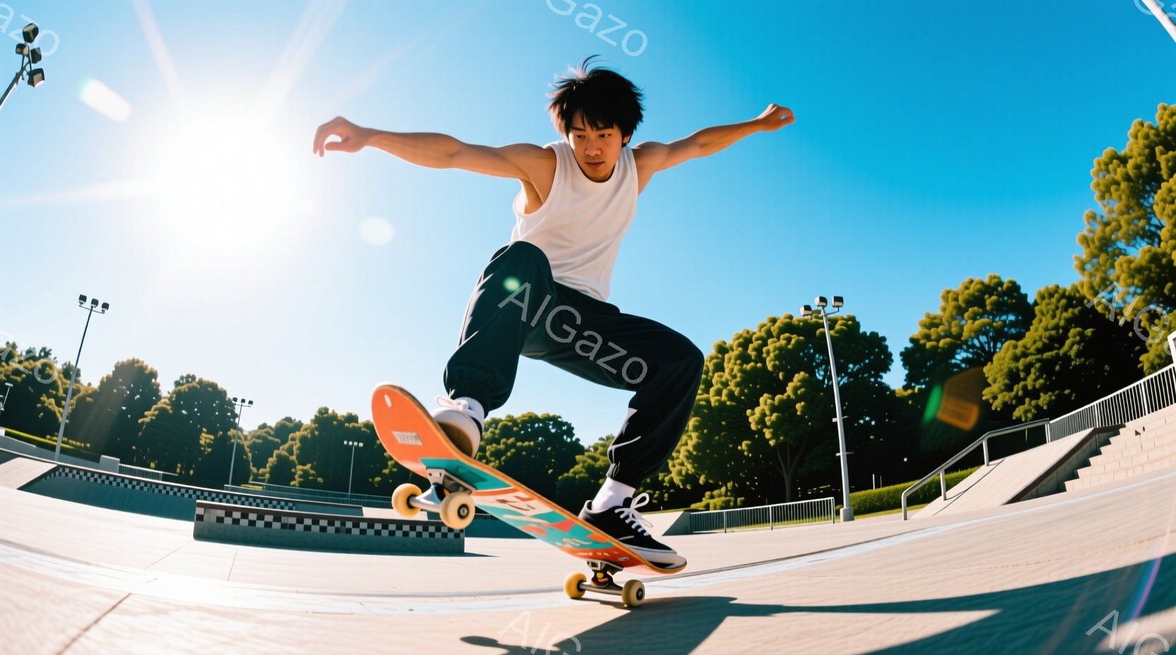 若い男性がスケートボードでトランジションを空中プレイしている様子が写っている。彼は白いタンクトップと濃い青色のパンツを着用し、黒髪を短く切っている。背景には、緑豊かな木々やコンクリートの階段状の構造物 - AI生成フリー素材