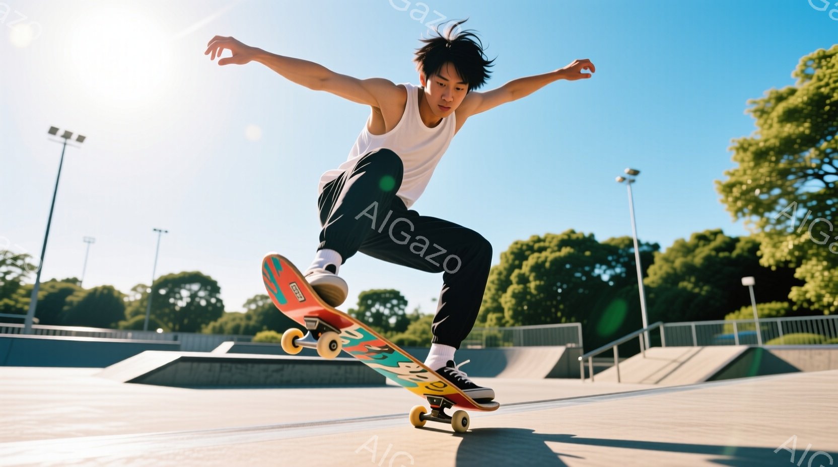 若い男性がスケートボードでトリックを行っている写真です。彼は白いタンクトップと黒いズボンを着用し、髪は無造作にセットされています。背景にはコンクリート製のスケートパークと緑豊かな木々が見え、晴天の下で活気のある雰囲気が漂っています。