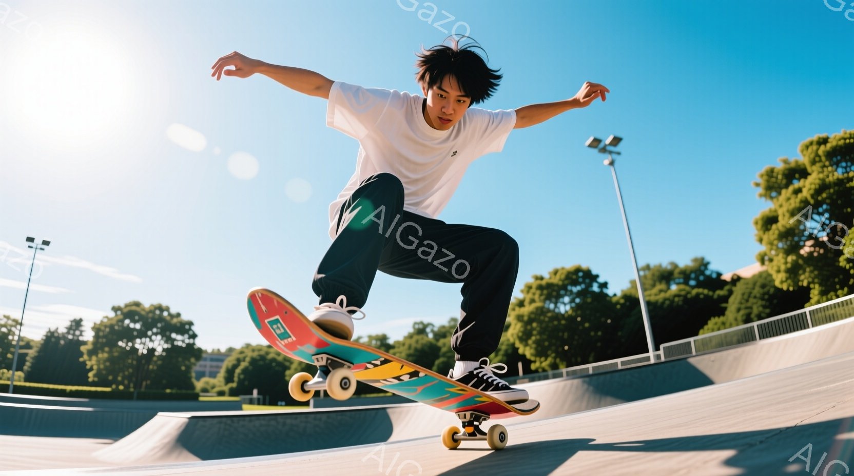 スケートボーダーがコンクリート製のハーフパイプで空中技を繰り出している様子が写っている。彼は白いTシャツと黒いパンツを着用し、黒髪を無造作に伸ばしている。背景には緑豊かな木々と青空が広がり、晴天の下で活気のある雰囲気が漂っている。