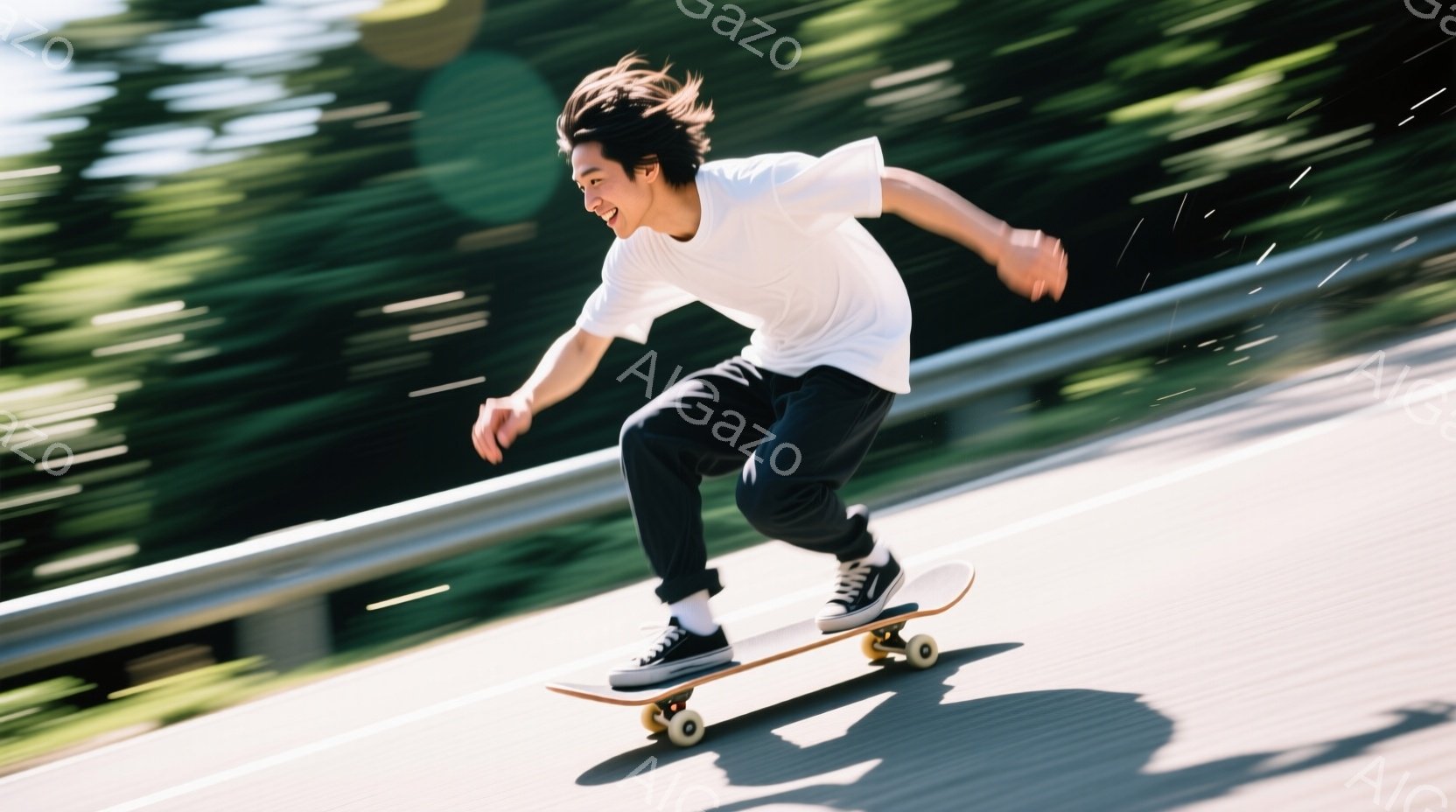 若い男性がスケートボードに乗って高速で滑っている様子が写っている。彼は白いTシャツと黒いズボンを着用し、髪は無造作に跳ねている。背景には緑豊かな自然がぼやけており、日中の晴天で活気に満ちた雰囲気である。