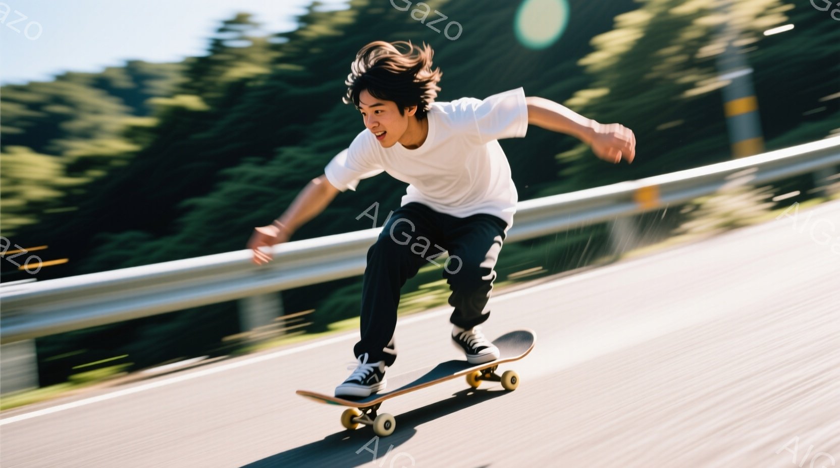 白いTシャツと黒いパンツを身につけた若い男性が、道路の上でスケートボードに乗っている様子が写っている。彼は少し前かがみの姿勢で、両腕を広げてバランスを取っており、顔には楽しそうな笑顔が浮かんでいる。背 - AI生成フリー素材