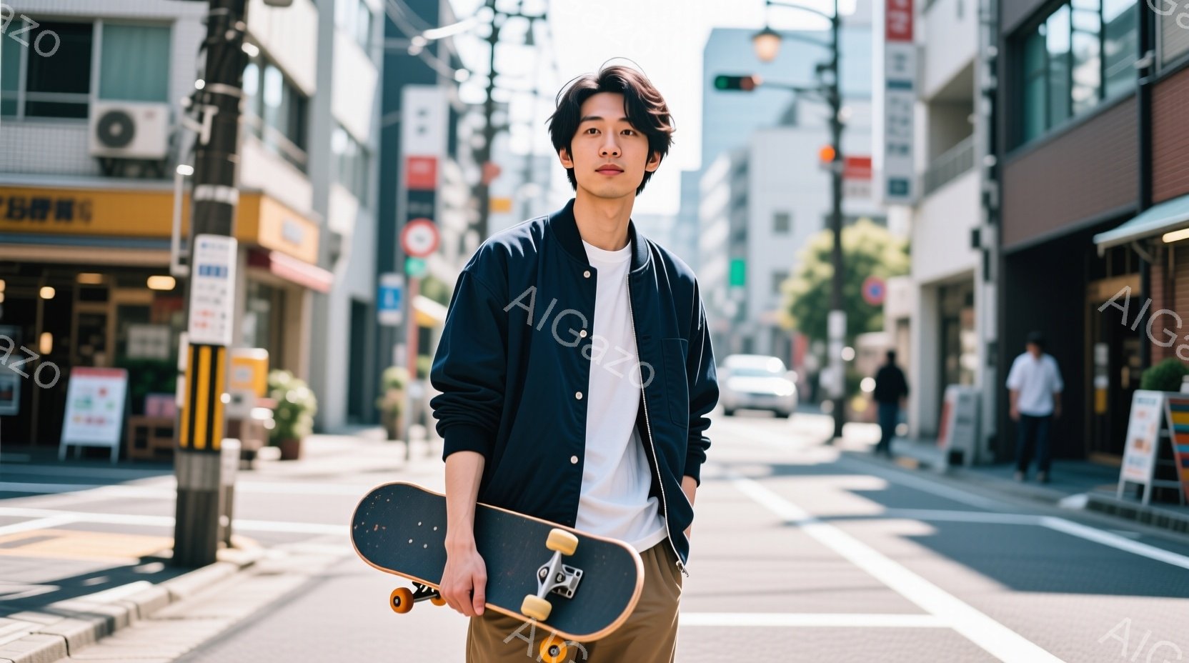 若い男性がスケートボードを抱え、アスファルトの道路に立っている。彼は白いTシャツに濃い青のジャケットを羽織り、カジュアルな装いをしている。背景には建物や電柱、そして一部の歩行者が見え、晴れた日の都会の - AI生成フリー素材
