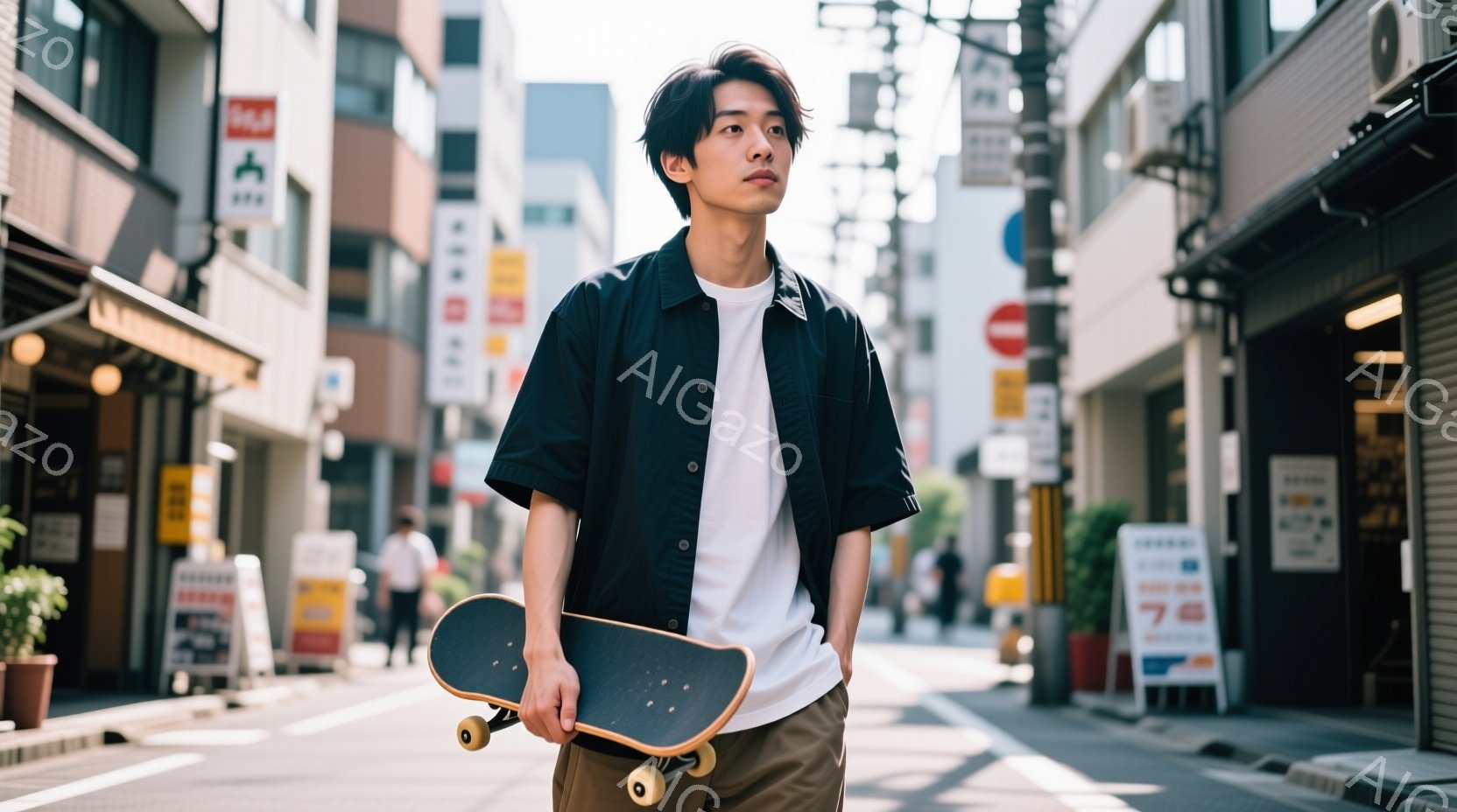 若い男性がスケートボードを持って歩道に立っている。彼は白いTシャツに黒いシャツ、ベージュ色のズボンを着用し、ダークブラウンのヘアスタイルをしている。背景には、看板や建物が並び、日差しが強く、賑やかな都 - AI生成フリー素材