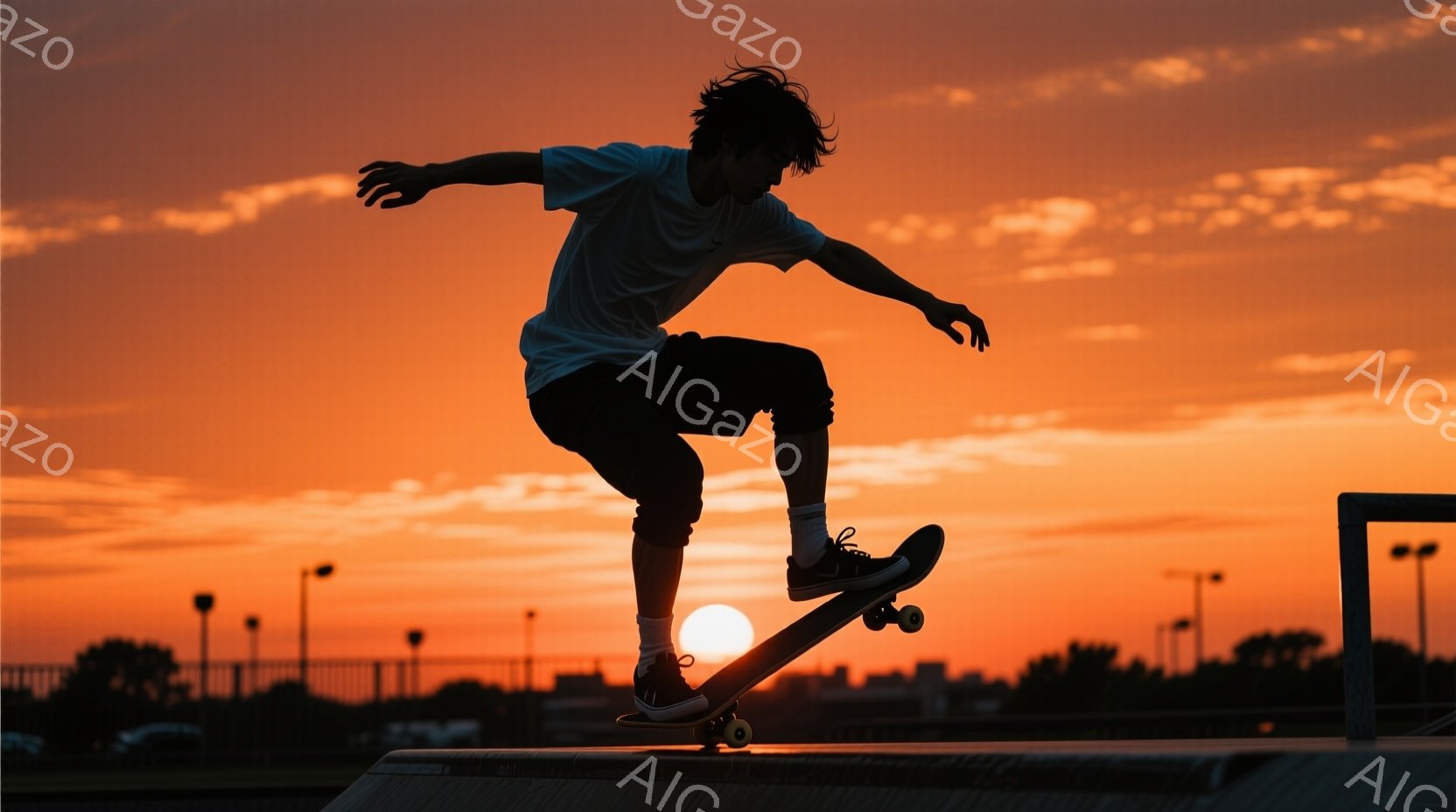 スケートボーダーが夕焼けを背景に、空中でのトリックを決めている姿が捉えられています。彼は白いTシャツと黒いパンツを着用し、少し長めの髪を無造作にしています。背景にはオレンジ色の空と、遠くに見える街並みや街灯が広がっており、活気と躍動感溢れる瞬間を捉えた一枚です。