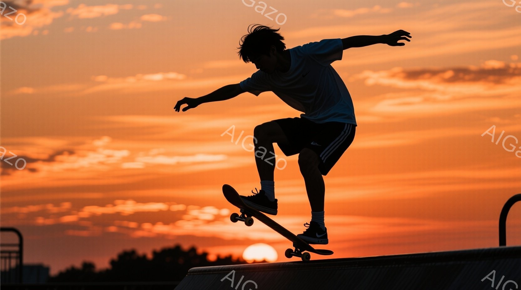 スケートボーダーが夕焼けを背景に、手すり上で技を繰り出している様子が捉えられています。彼は黒い短い髪を持ち、白いTシャツと黒いショーツ姿で、左足を前に出し、体をひねってバランスを取っています。空はオレンジと赤のグラデーションで染まり、夕焼けが彼のシルエットを際立たせ、躍動感あふれる雰囲気を生み出しています。