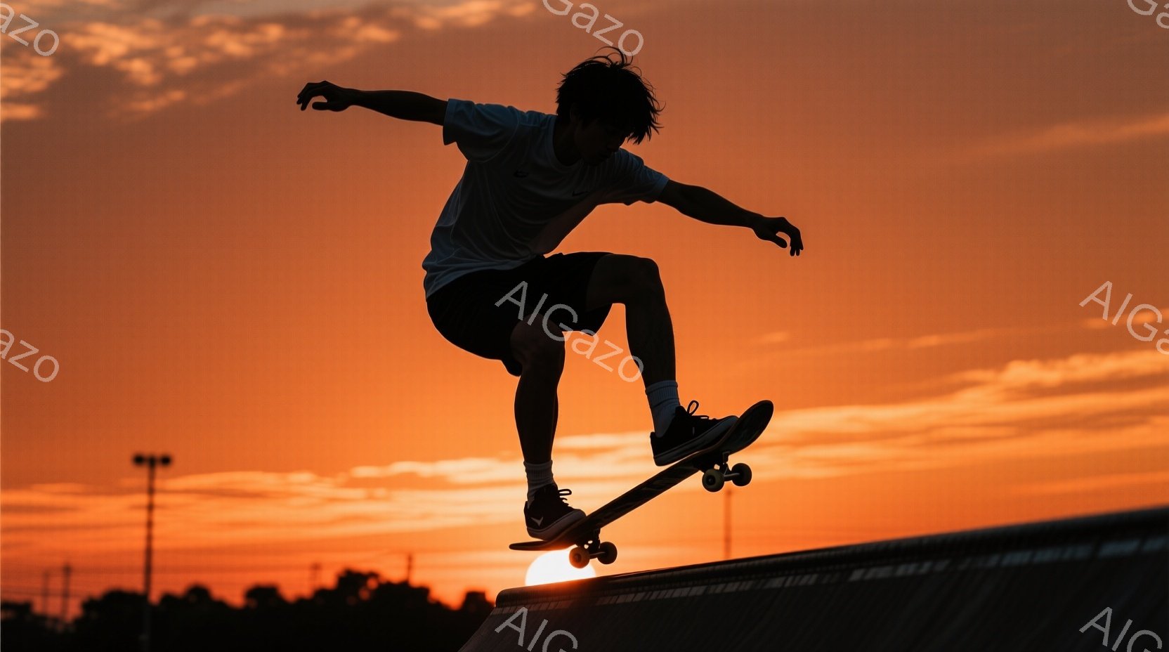 オレンジ色の夕焼けを背景に、スケートボードをする男性のシルエットが印象的だ。彼は黒いズボンに白いTシャツを着ており、髪は短く、空中でボードに乗ってトリックを決めている。背景には、ぼんやりと見える建物や - AI生成フリー素材