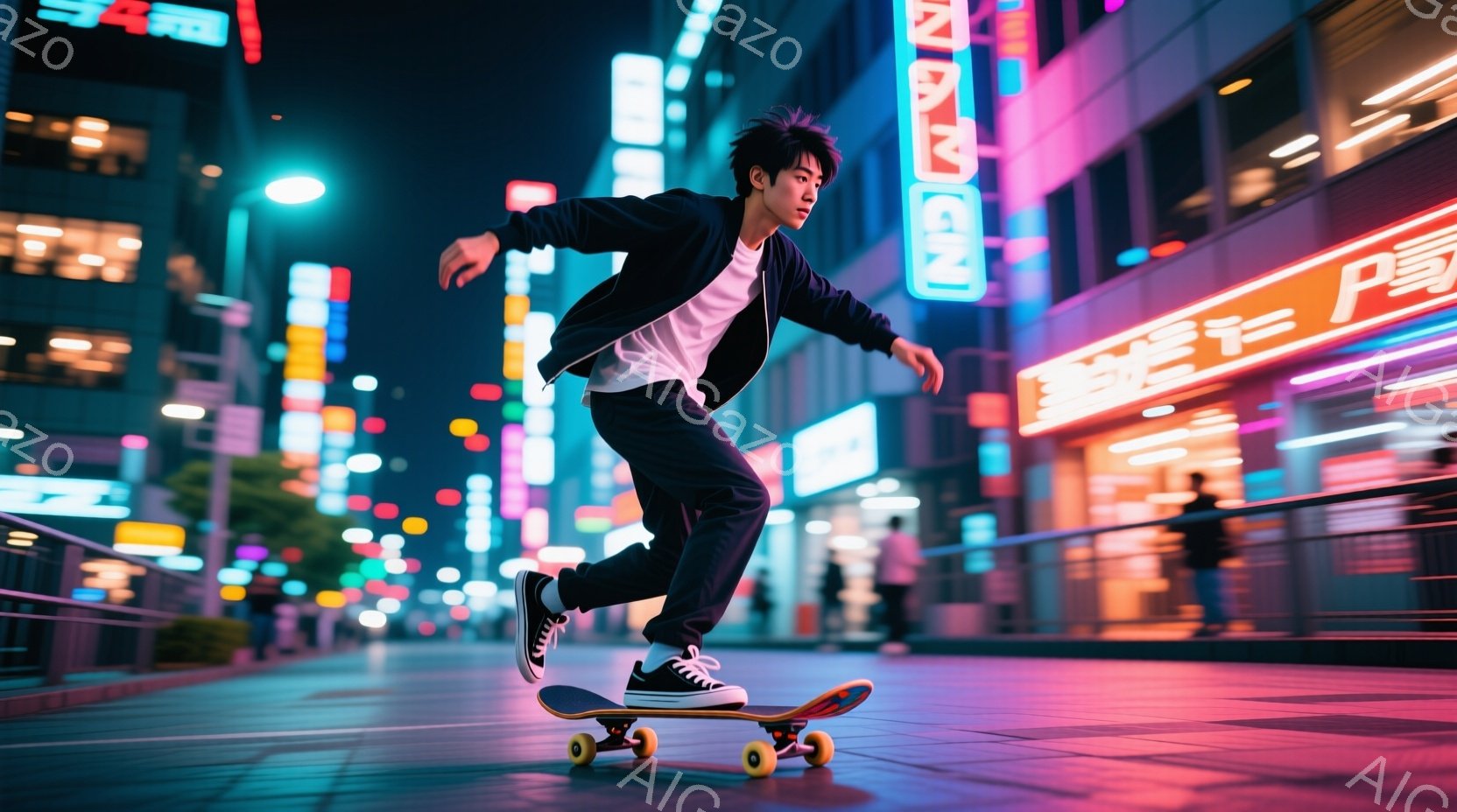 若い男性が夜の街でスケートボードに乗っている様子が写っている。彼は黒いジャケットとジーンズ、スニーカーを身につけ、髪は短く整えられている。背景にはネオンサインが輝く高層ビルが立ち並び、活気ある都市の夜 - AI生成フリー素材
