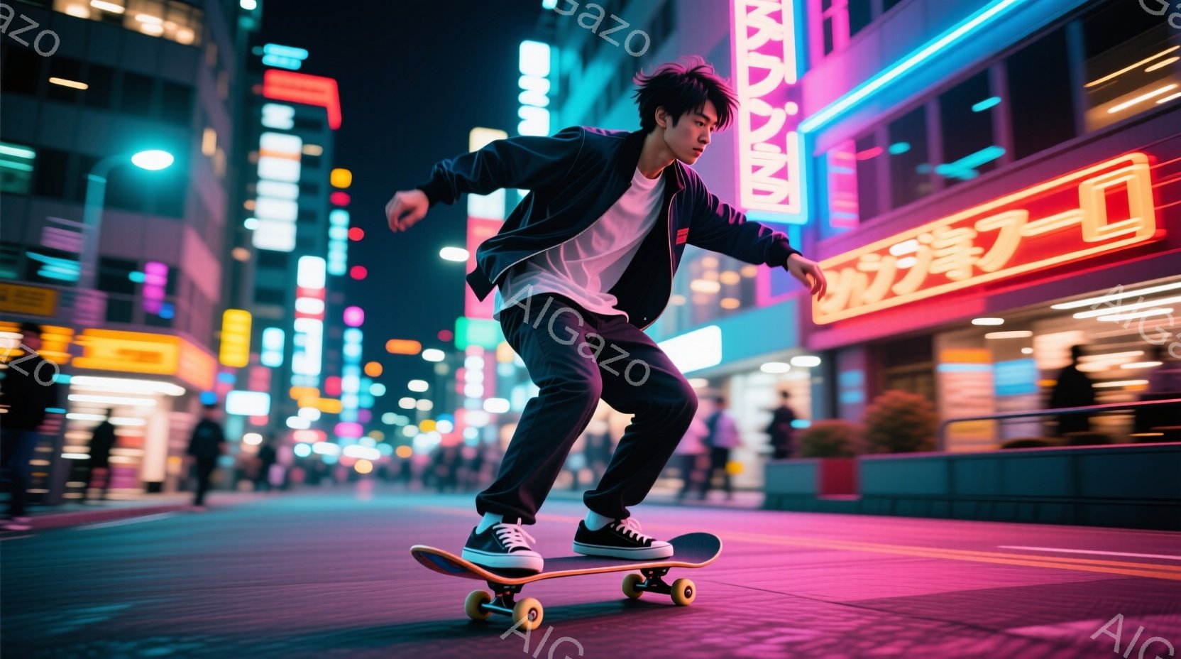 若い男性が夜の街でスケートボードに乗っている写真です。彼は黒いジャケットとTシャツ、ジーンズ姿で、少し前かがみの姿勢でボードに乗り、活気のある都市の夜景を背景にしています。ネオンサインが輝き、都市のエネルギーと若者のダイナミズムが感じられます。