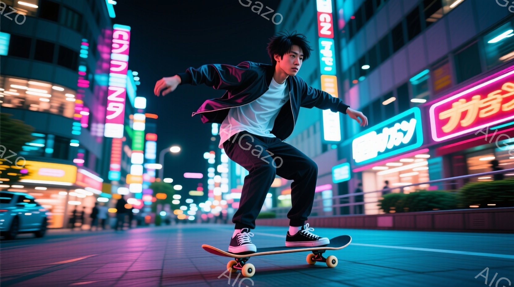 若い男性が夜の街でスケートボードに乗っている写真です。彼は黒のジャケットと白いTシャツ、そしてスニーカーを身につけ、黒髪を無造作にまとめ、少し下を向いた表情で技を披露しています。背景にはネオンサインが - AI生成フリー素材