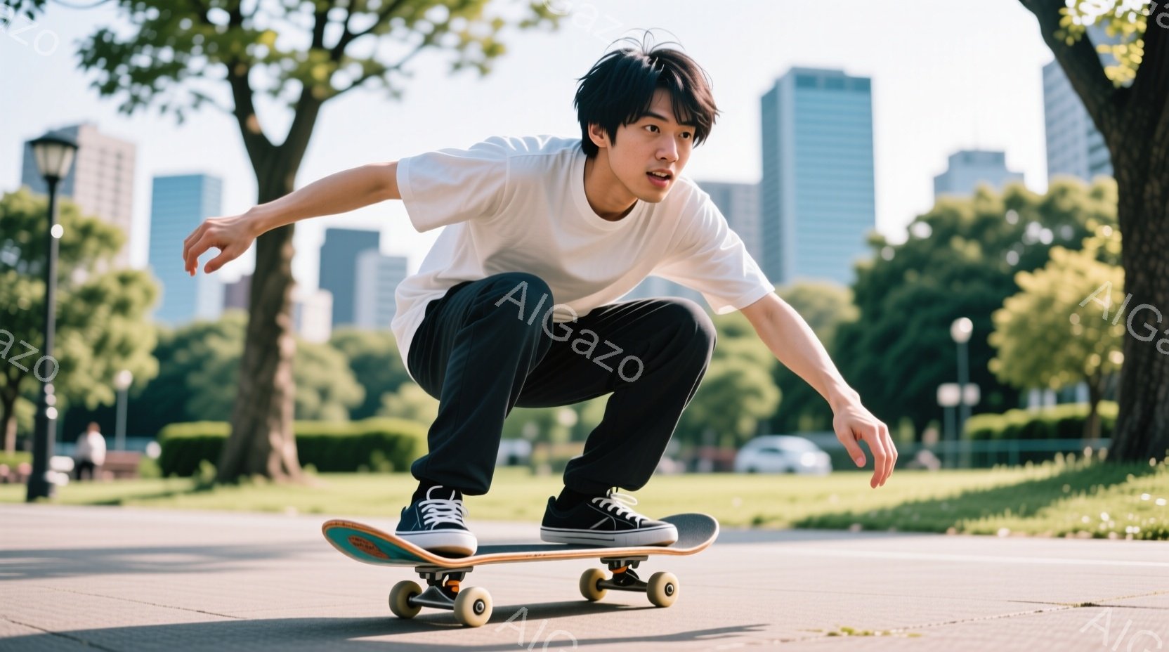若い男性がスケートボードに乗ってポーズをとっています。白いTシャツと黒いパンツを着用し、黒いヘアスタイルで、少し微笑んだ表情をしています。背景には緑豊かな公園、遠くには高層ビルが見え、晴れた日の穏やか - AI生成フリー素材